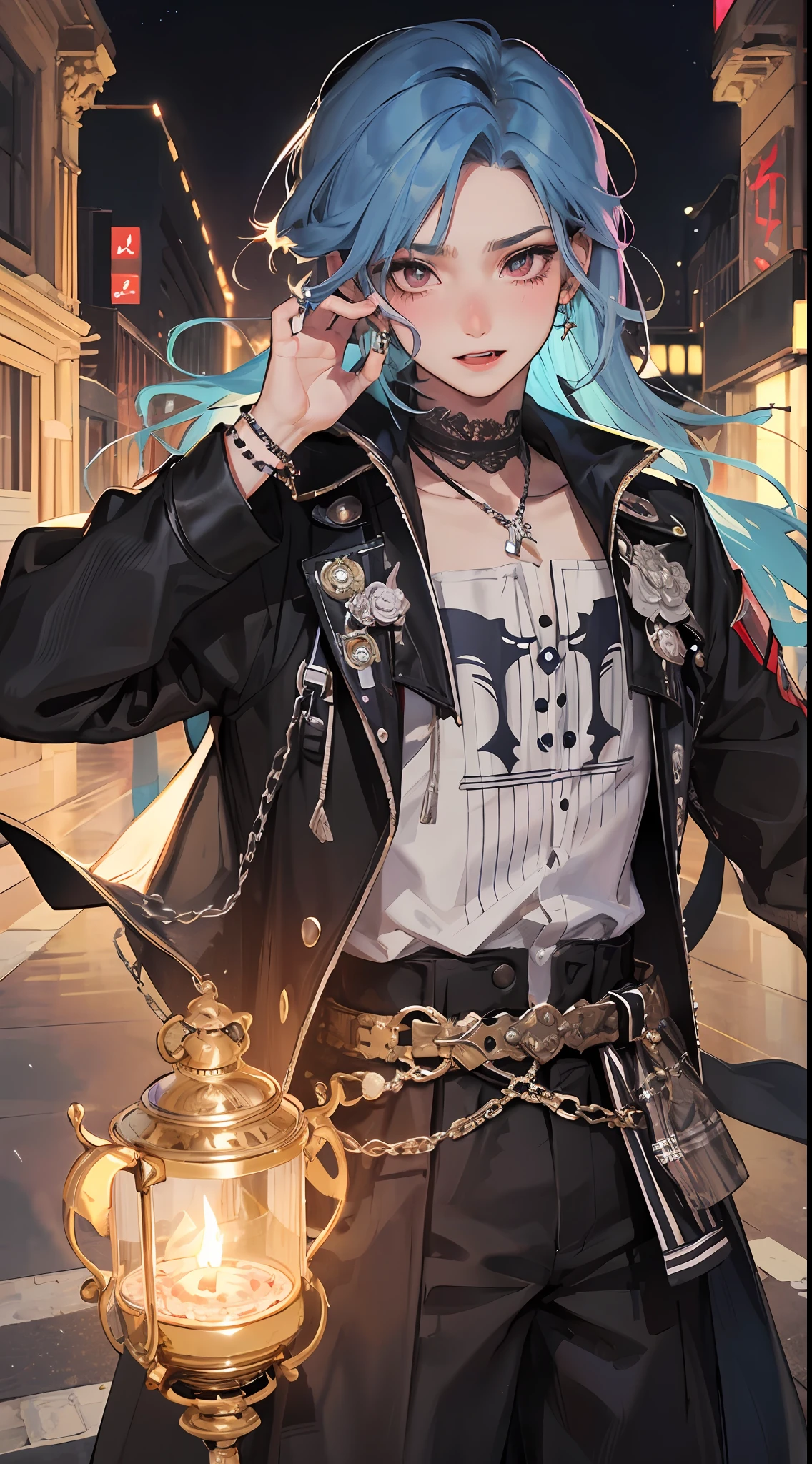 （（（Single））），独奏，Young men，vampire，fang，plaid，Purple lattice，Y2K，Emo style，non-mainstream，Mines are boys，Harajuku style，Exaggerated dressing，Intricate ornaments，Rock style，Gothic style，rivet，ear ring，two tone hair，Pink and blue hair，Metal jewelry，Shying，Haha，Sick，Male，Underground idols，Male PR，blushes，black eye，Dark lips，Realistic，A masterpiece，Beautiful，extreme details，Volumetric light，Dramatic composition，dynamicpose