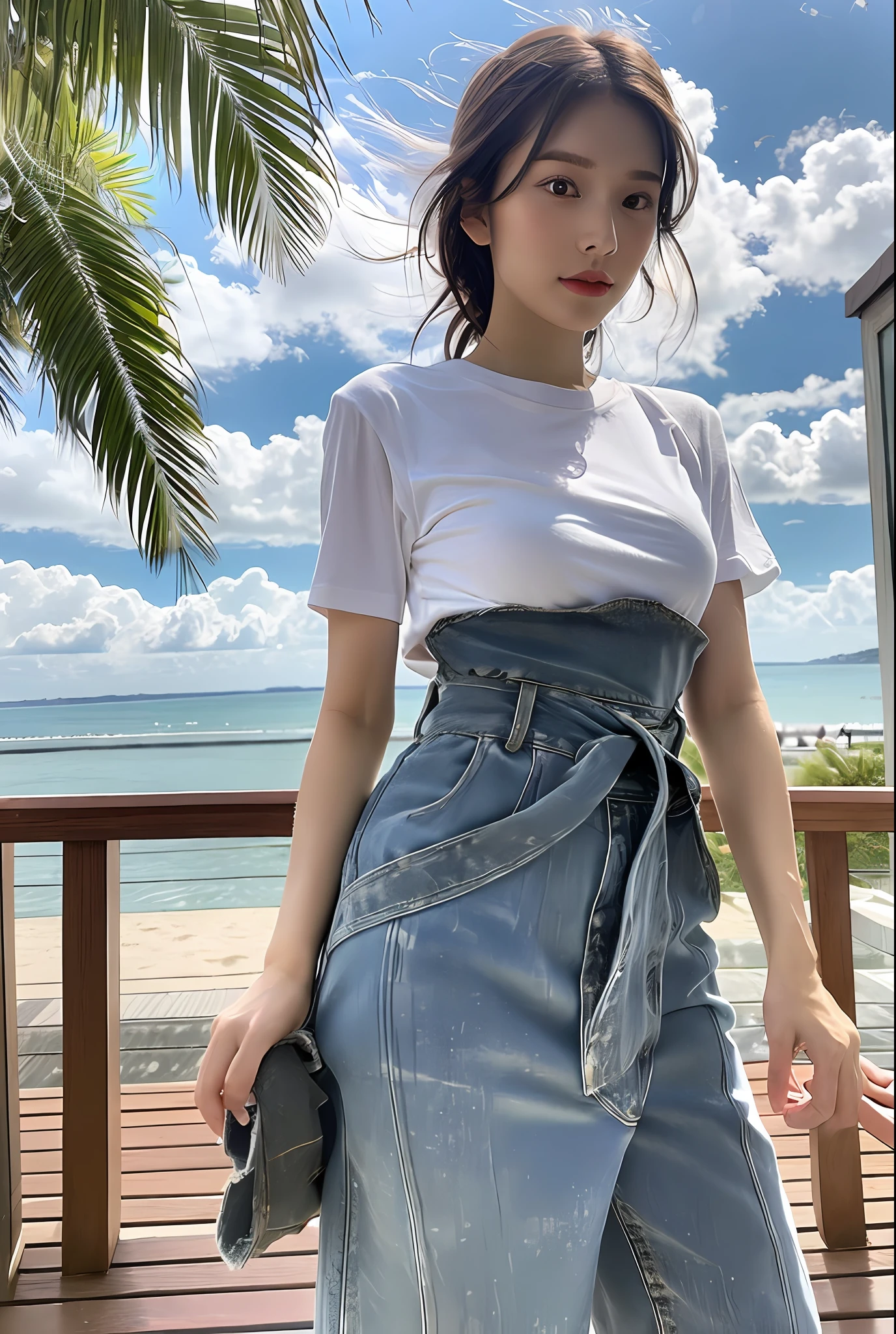 (8k, highest quality, masterpiece: 1.2), (hair_style), (realistic, photorealistic: 1.37), plump eyes, highest quality, masterpiece, in the summer sun, sky and sea background, shot on wooden deck, [small breasts], backlit, shooting from the waist up, camera angle from below, pose with hair raked up with hands, shot in natural light from morning to noon, Hairstyles and fashion styles that match the Japan trends of 2023, realistic, super detailed, 30s, actress, half Japanese and Russian half model, elaborate CG, slender, adorable, hairstyle matches the fashion of Japan in 2023 layer cut that flutters in the wind, delicate skin type, fine details and softness, model hair color is bright and soft, Choose a short-length T-shirt that matches the summer trends of 2023 and pair it with pale pastel colors for surf fashion.