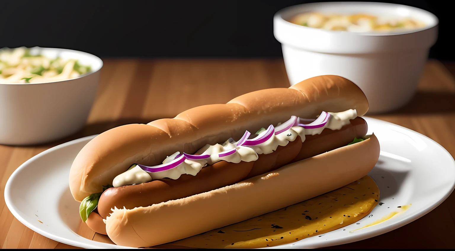 Photo of a large hot dog food photography, food photography, photorealistic, ultrarealistic, maximum detail, foreground focus, recipes.com, epicurious, instagram, 8k, volumetric light, cinematic, rendering octane, rising light, no blur , depth of field, dof, bokeh --auto