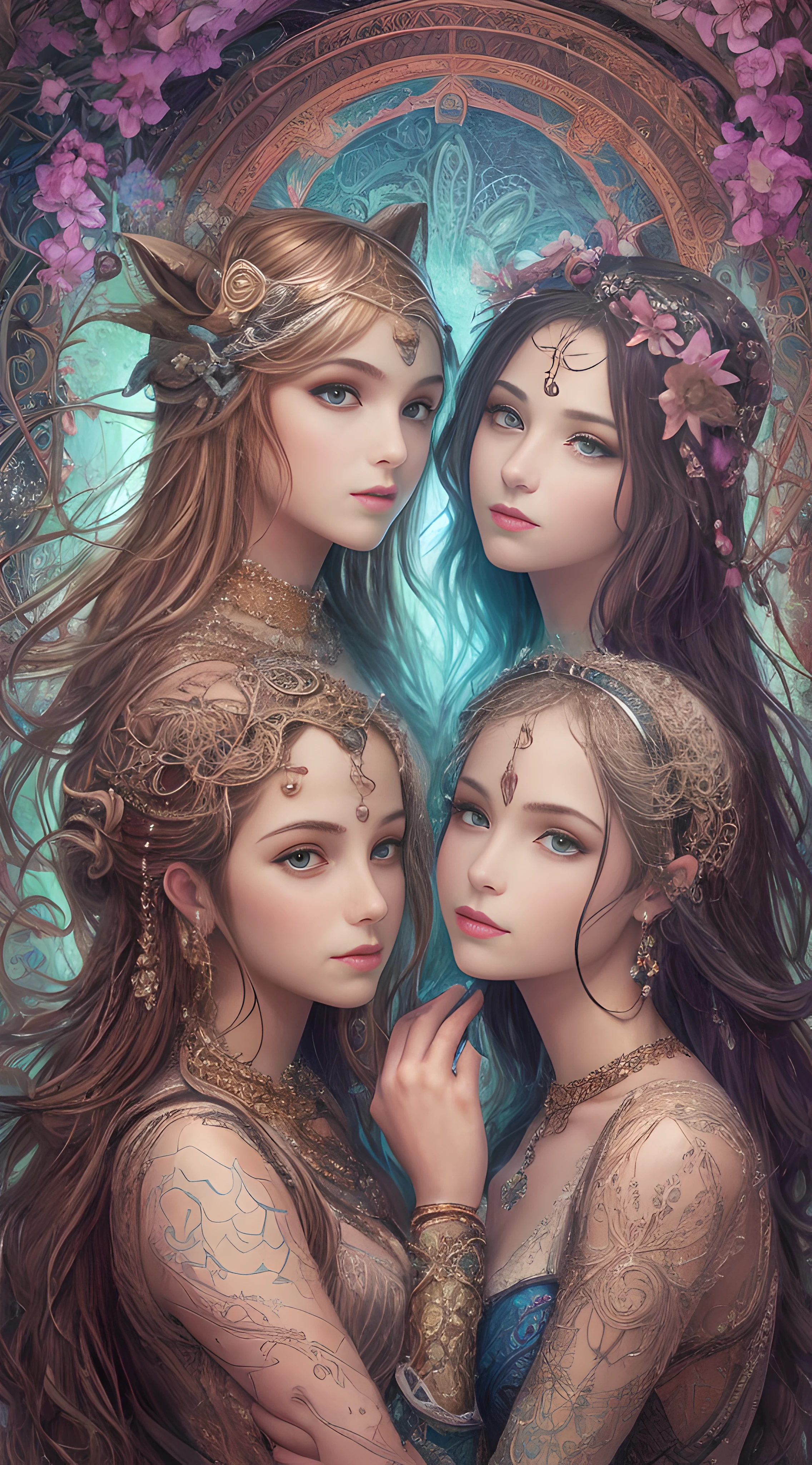 "Intimate, intricate scene of three girls touching each other,having fun, inspired by the angelic AI mysticism. Style references include Alex Grey and Brian Froud."