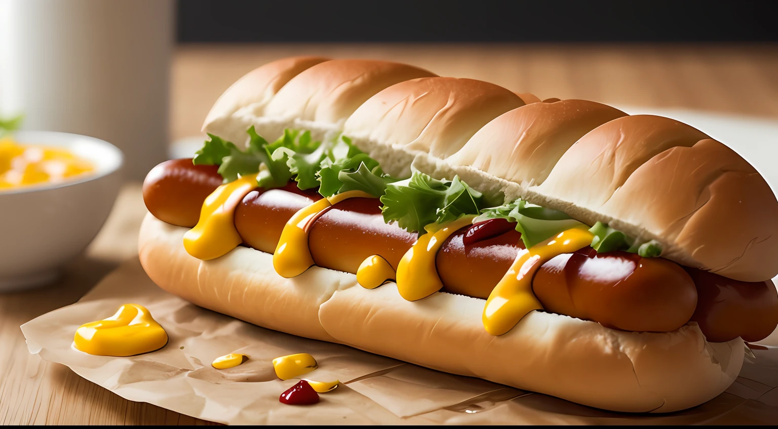 Photo of a large hot dog food photography, food photography, photorealistic, ultrarealistic, maximum detail, foreground focus, recipes.com, epicurious, instagram, 8k, volumetric light, cinematic, rendering octane, rising light, no blur , depth of field, dof, bokeh --auto