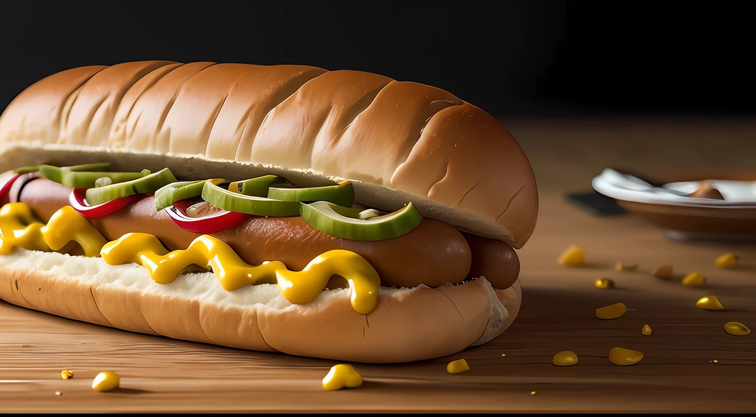 Photo of a large hot dog food photography, food photography, photorealistic, ultrarealistic, maximum detail, foreground focus, recipes.com, epicurious, instagram, 8k, volumetric light, cinematic, rendering octane, rising light, no blur , depth of field, dof, bokeh --auto