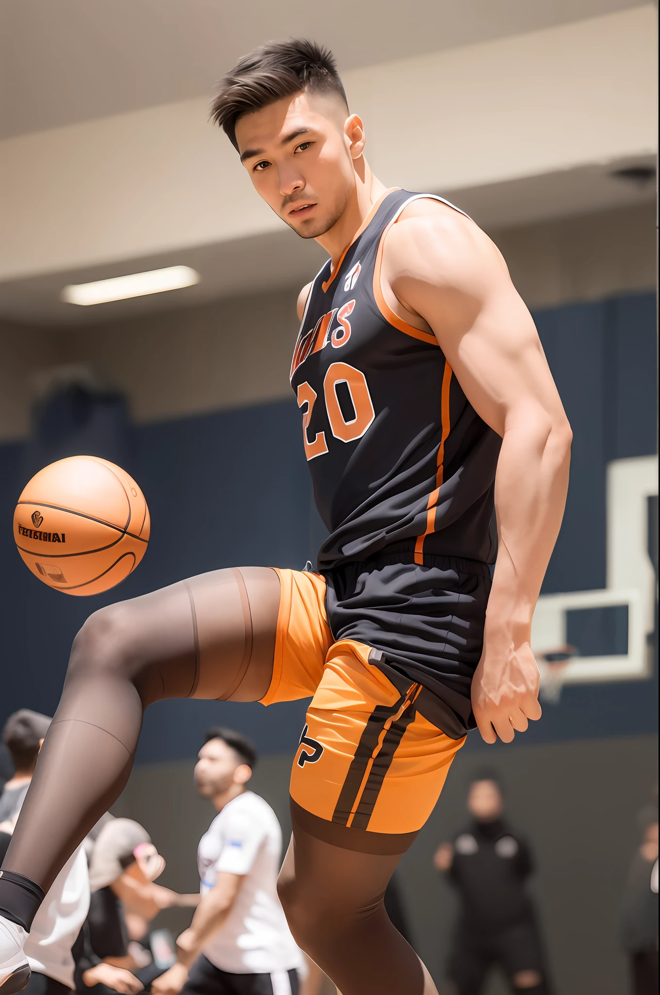 Man in orange shirt and black shorts and pantyhose poses for photo, Wear athletics uniform and pantyhose, jinyiwei, nanquan, Basketball Jersey、Wearing pantyhose, Wear tank top and shorts and pantyhose, professional sports style, sport clothing, Sporty physique, athletic tall handsome guys