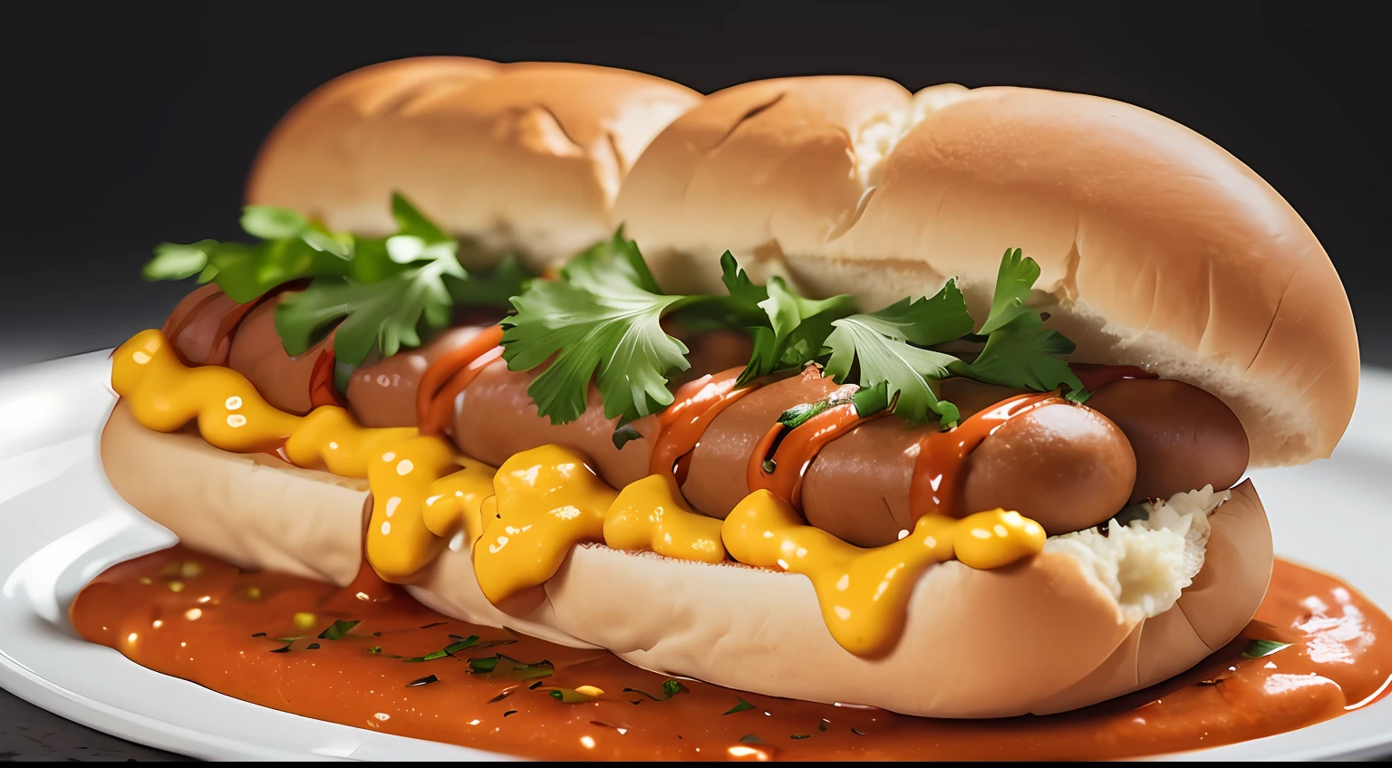 Photo of a large hot dog food photography, food photography, photorealistic, ultrarealistic, maximum detail, foreground focus, recipes.com, epicurious, instagram, 8k, volumetric light, cinematic, rendering octane, rising light, no blur , depth of field, dof, bokeh --auto