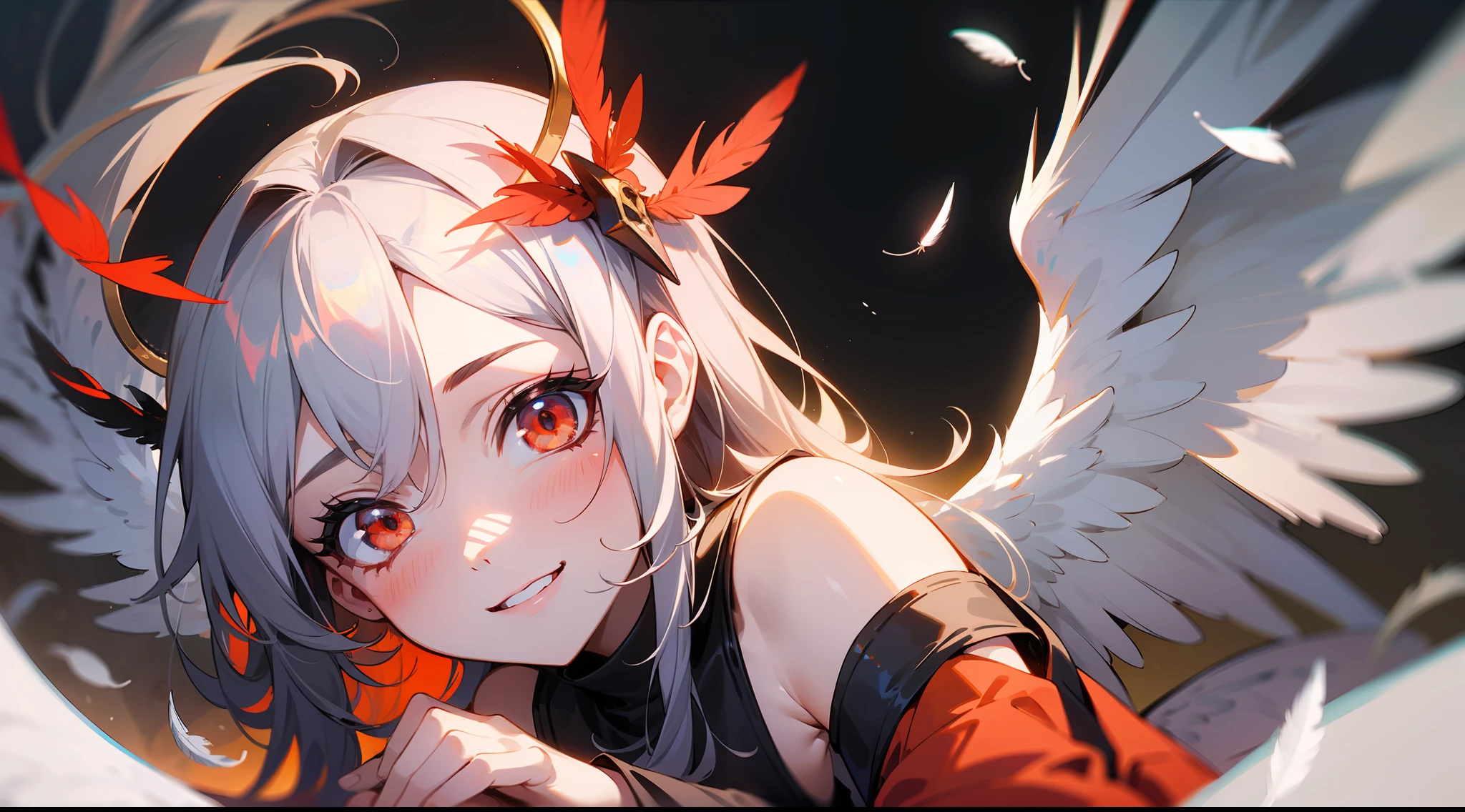 (masterpiece, misteryous), 1girl, angel, cute,(red halo),happy,gorgeos, glowing eyes, red eyes, angel wings, holy, sensual, black tunic, feathers, BREAK ruins background, confident, smile, expressive eyes, collofull eyes, contrast, shadows, masterpiece, digital art,majestic, superior