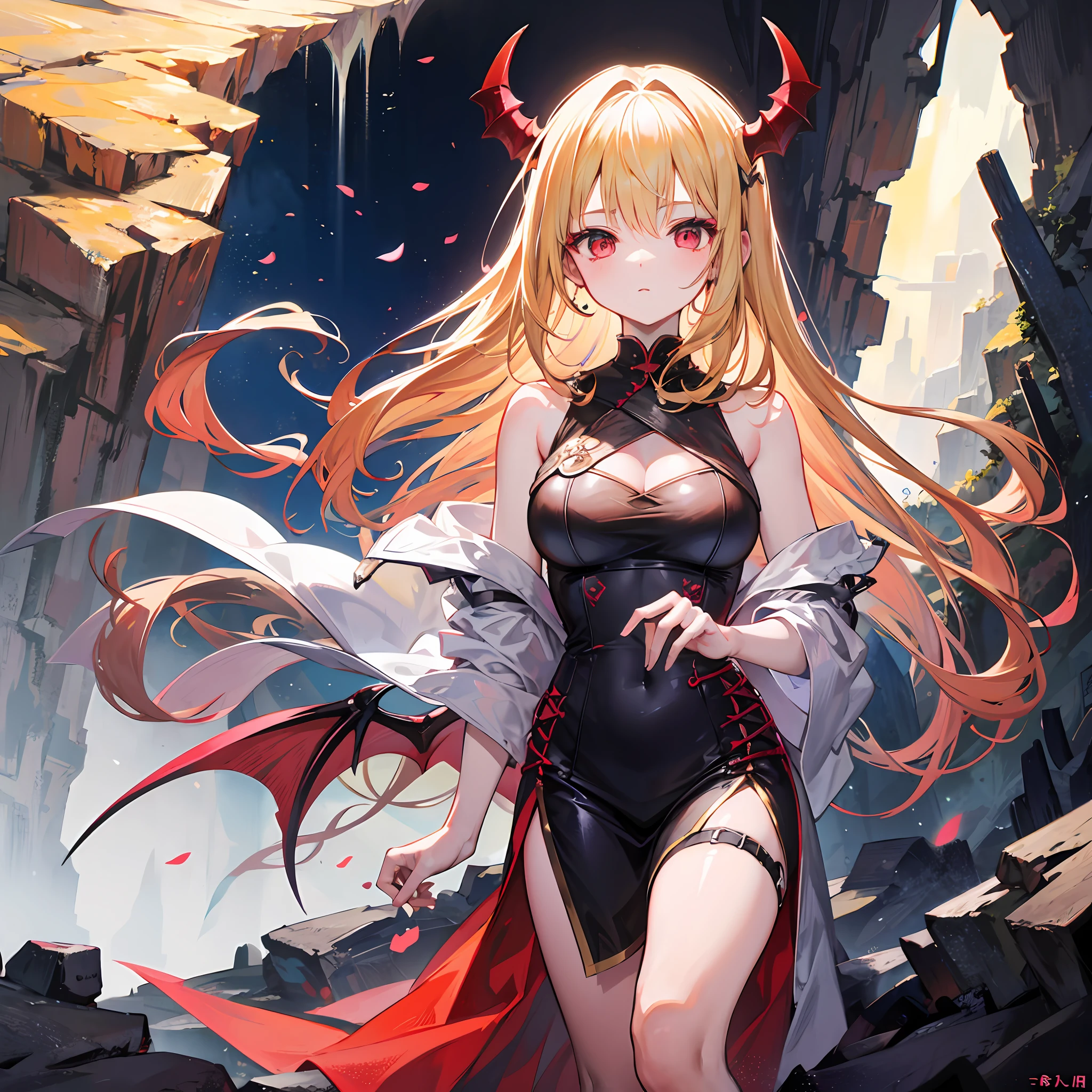 Demon Girl、1girl、a blond、red-eyed、in a cave