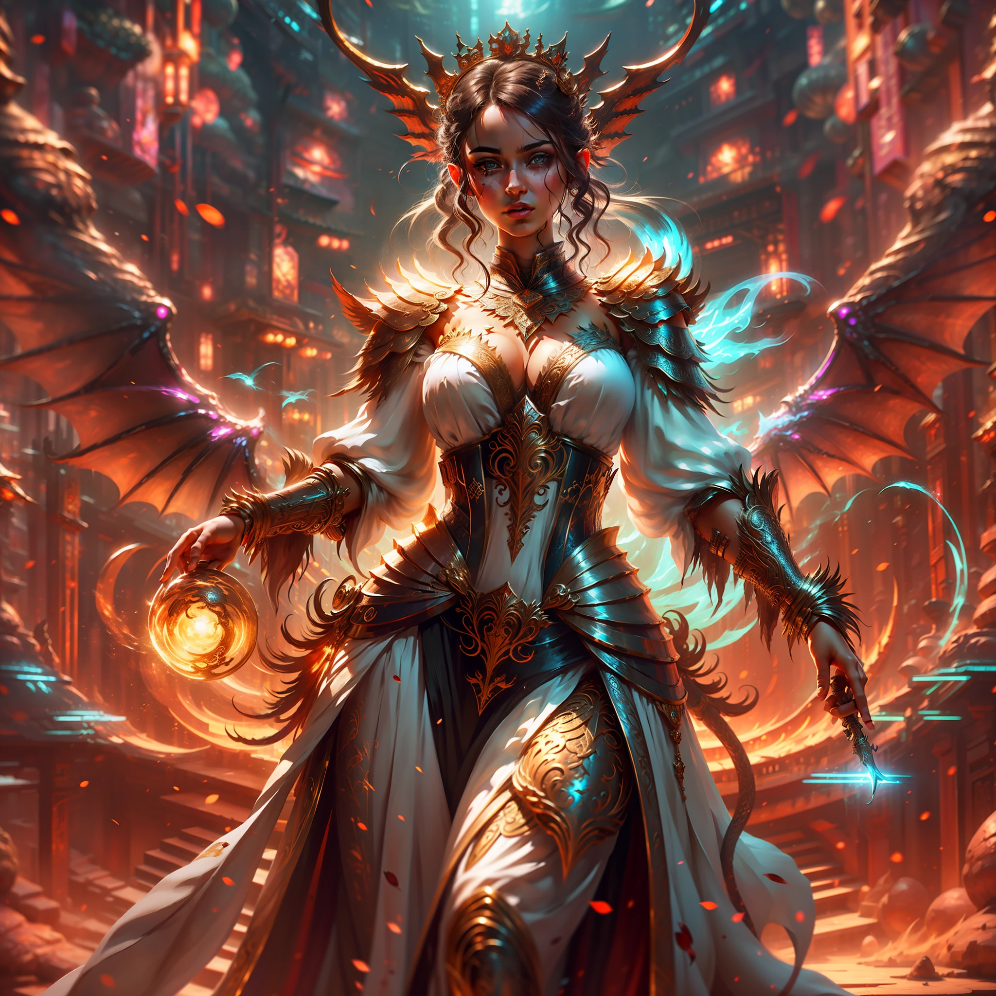 (best quality: 1.1), (masterpiece: 1.1), (Valencia: 1 girl girl), a masterpiece, bestquality, raw photo, realistic, FACE, incredibly ridiculous, beautiful girl, magic, long long hair, depth of vision, Highres, hyperdetailed, finely detailed, RAWExtremely detailed, extremely detailed eyes and face, sharp pupils, realistic pupils, sharp focus, cinematic lighting, detailed, perfect anatomy, a closeup of a woman with beautiful brown eyes face in a costume with a dragon on her shoulder, costume outfit, cinematic goddess body shot, majestic body full body angel, elegant cinematic pose, hyperdetailed full body shot, hyperdetailed fantasy character, full body image, like a mystical valkyrie, detailed whole body, beautiful and elegant elf queen, unreal motor render + a goddess, grumpy lighting, glow, bright, mysterious, mystical, magical, rim lighting, vibrant, psychedelic, colorful, intricate, elegant, sharp focus, highly detailed, digital painting, conceptual art, matte, masterpiece, hyper detailed ultra sharp, vibrant aesthetic, blood wave, colorful, psychedelic, ornate, intricate, digital painting, conceptual art, smooth, sharp focus, illustration, beautiful female,