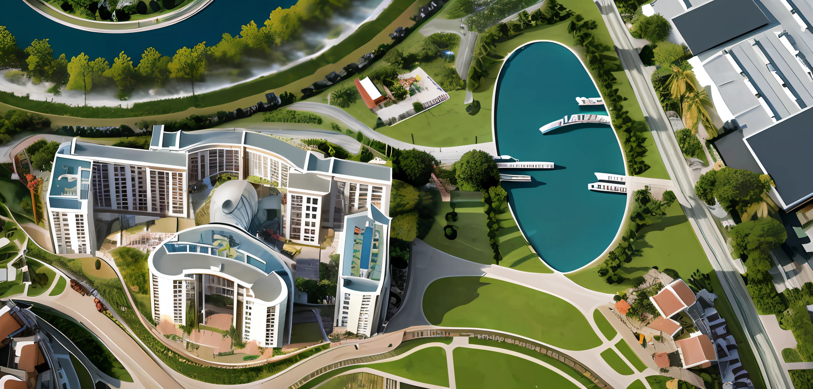 Aerial view of Alafard of the hotel with lake and garden, aerial illustration, highly-detailed illustration, detailed digital illustration, prerendered isometric graphics, isometric aerial view, Resort background,  highly detailed scene, Detail 2.5D illustration, hq very detailed, complex 3d scene, isometric map, high detailed illustration, concept art highly detailed