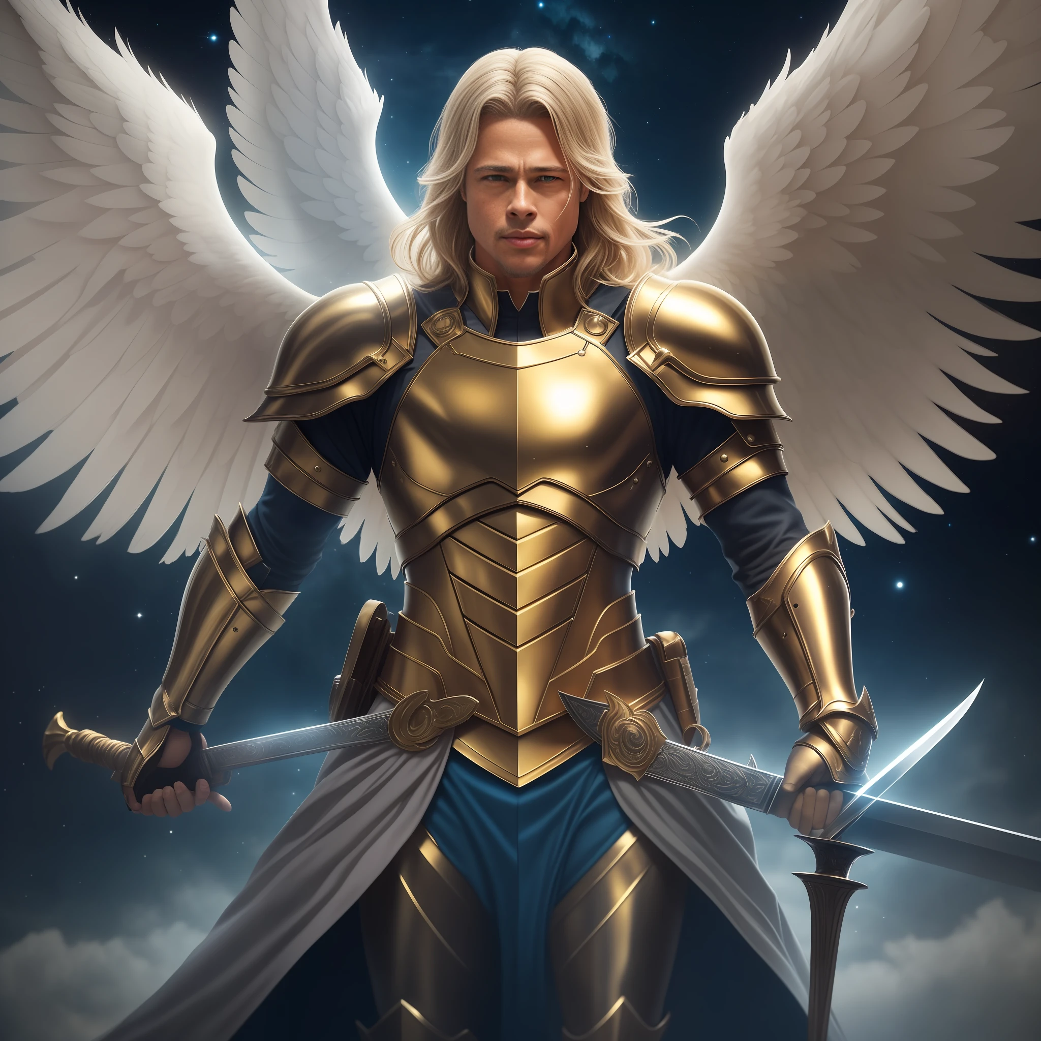 Michael Archangel with sword. brad pitt face (1.2). alone. full body. Gold and silver armor. detailed beautiful face. facing camera. Dark atmosphere. big white wings (1.2). Extremd long blond hair (1.2). almond blue eyes. night sky. 8k, HDR, ultra realistic, realistic skin, masterpiece, best quality, high quality, photo realistic, ray tracing.