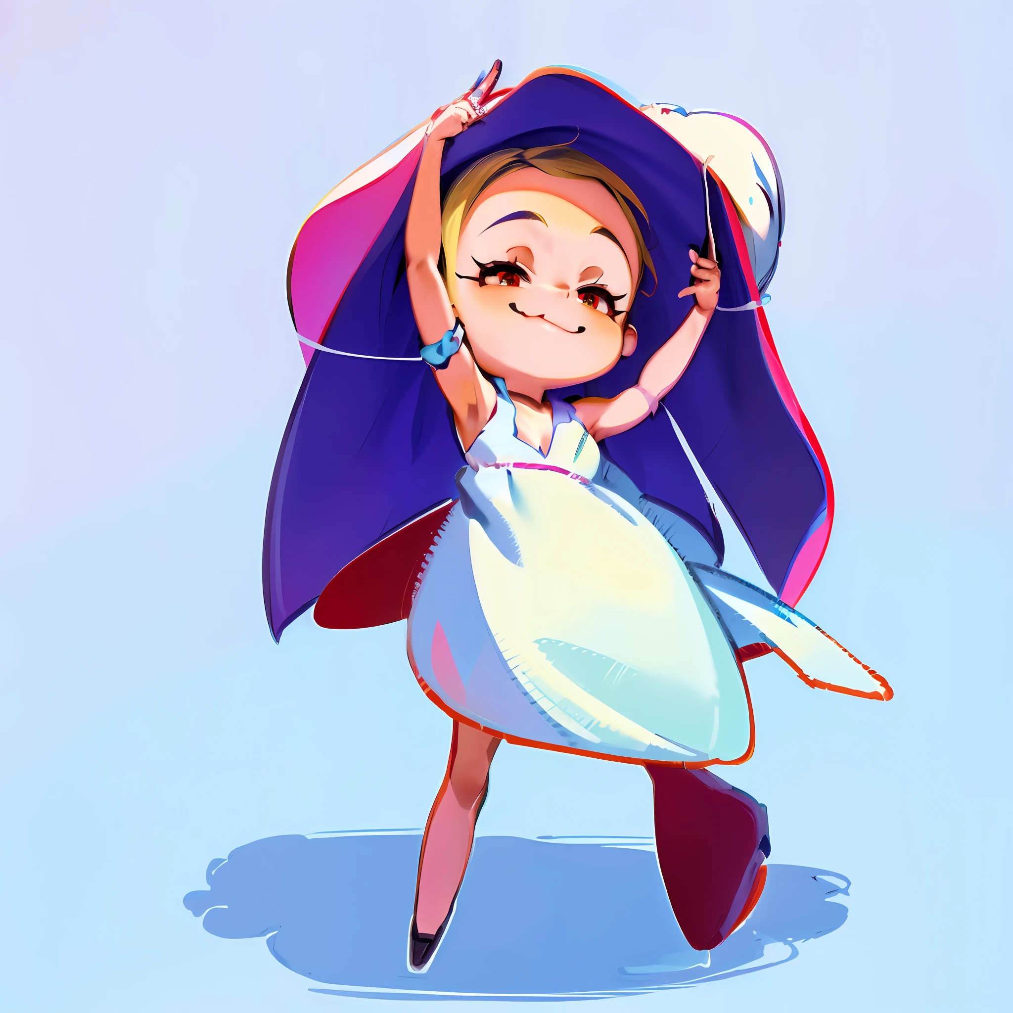 cartoon girl in a white dress and blue hat holding a purple umbrella, from touhou, touhou character, with cape, resin, Chibi T-Shi, spider-gwen, she is dancing, Lust, madeline from celeste, chibi girl, little witch academia, touhou project, dancing character, cute artwork, [ conceptual art ]!!, posing in(Arms up + happy)