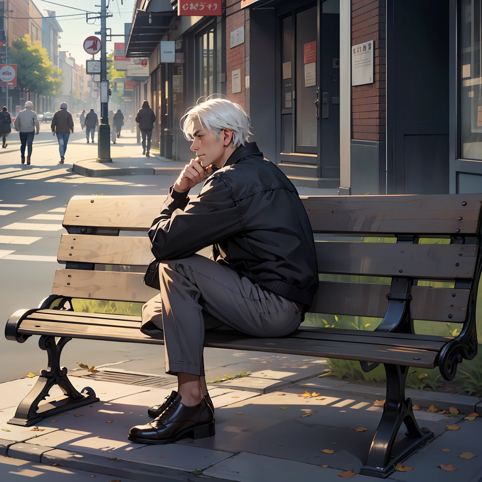 ((realistic: 1.5)),((best quality)), ((masterpiece)),((detailed)), scenery, street, square bench on sidewalk, white-haired man, sitting on bench
