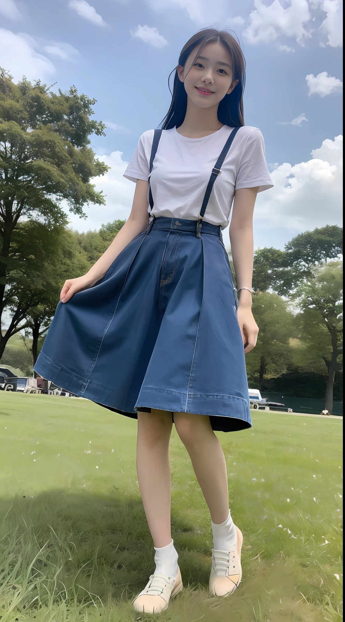 A beautiful and cute girl, full body photo, extremely beautiful and delicate, black hair, sweet smile, delicate beautiful fair skin, realistic and realistic, exquisite and complete facial features, detailed facial portrayal, high nose bridge, flowing smooth hair, extremely delicate hair, soft temperament, face light, tall, thin, real, hyper-real, full-body lens, forward tilt angle, ultimate picture quality, highest precision, accurate and perfect human body structure. Blue sky and white clouds, sitting on the grassland, blue sky and white clouds, sunlight, cows and sheep, (suspenders, long skirts) panties are clearly visible