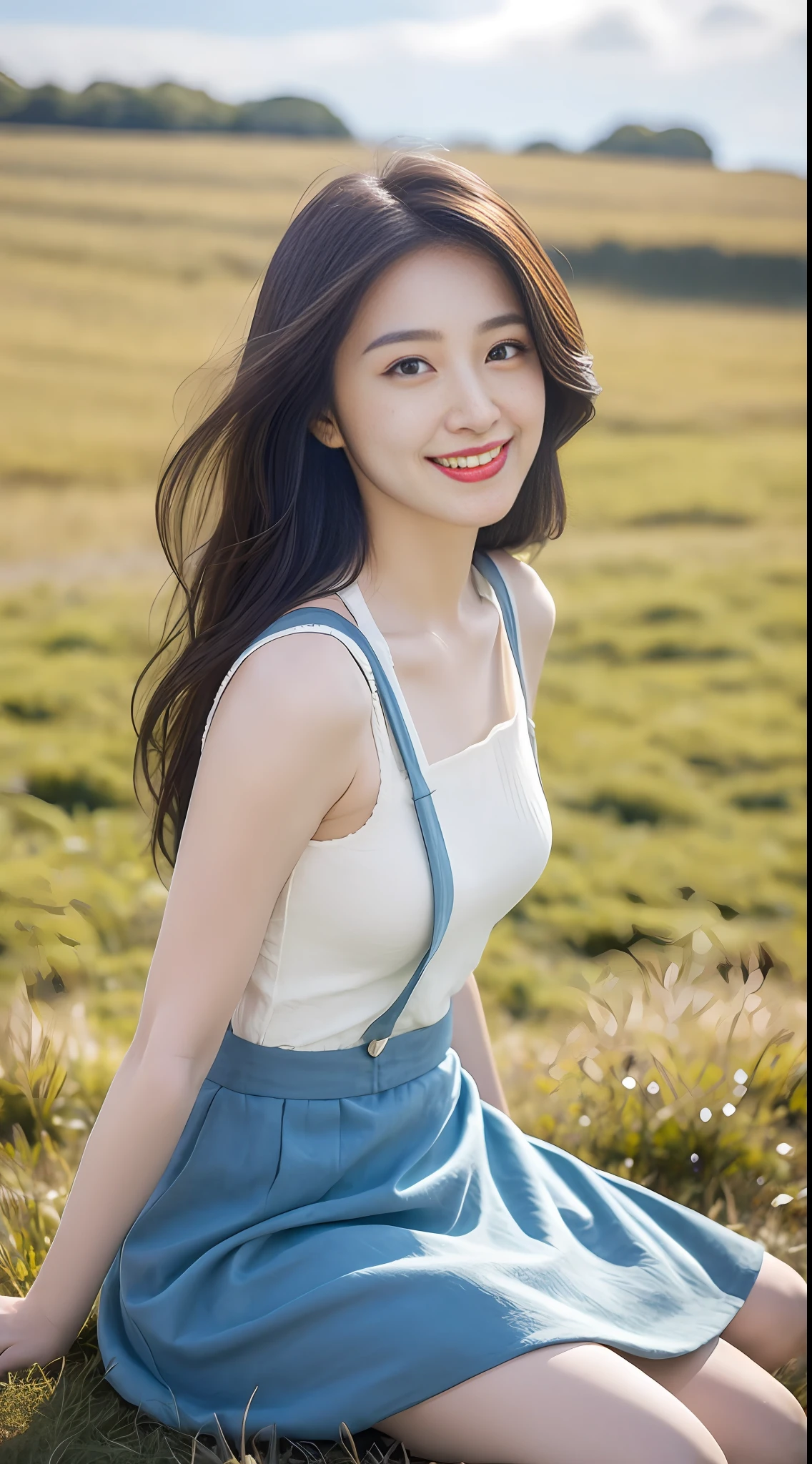 A beautiful and cute girl, full body photo, extremely beautiful and delicate, black hair, sweet smile, delicate beautiful fair skin, realistic and realistic, exquisite and complete facial features, detailed facial portrayal, high nose bridge, flowing smooth hair, extremely delicate hair, soft temperament, face light, tall, thin, real, hyper-real, full-body lens, forward tilt angle, ultimate picture quality, highest precision, accurate and perfect human body structure. Blue sky and white clouds, sitting on the grassland, blue sky and white clouds, sunlight, cows and sheep, (suspenders, long skirts) panties are clearly visible