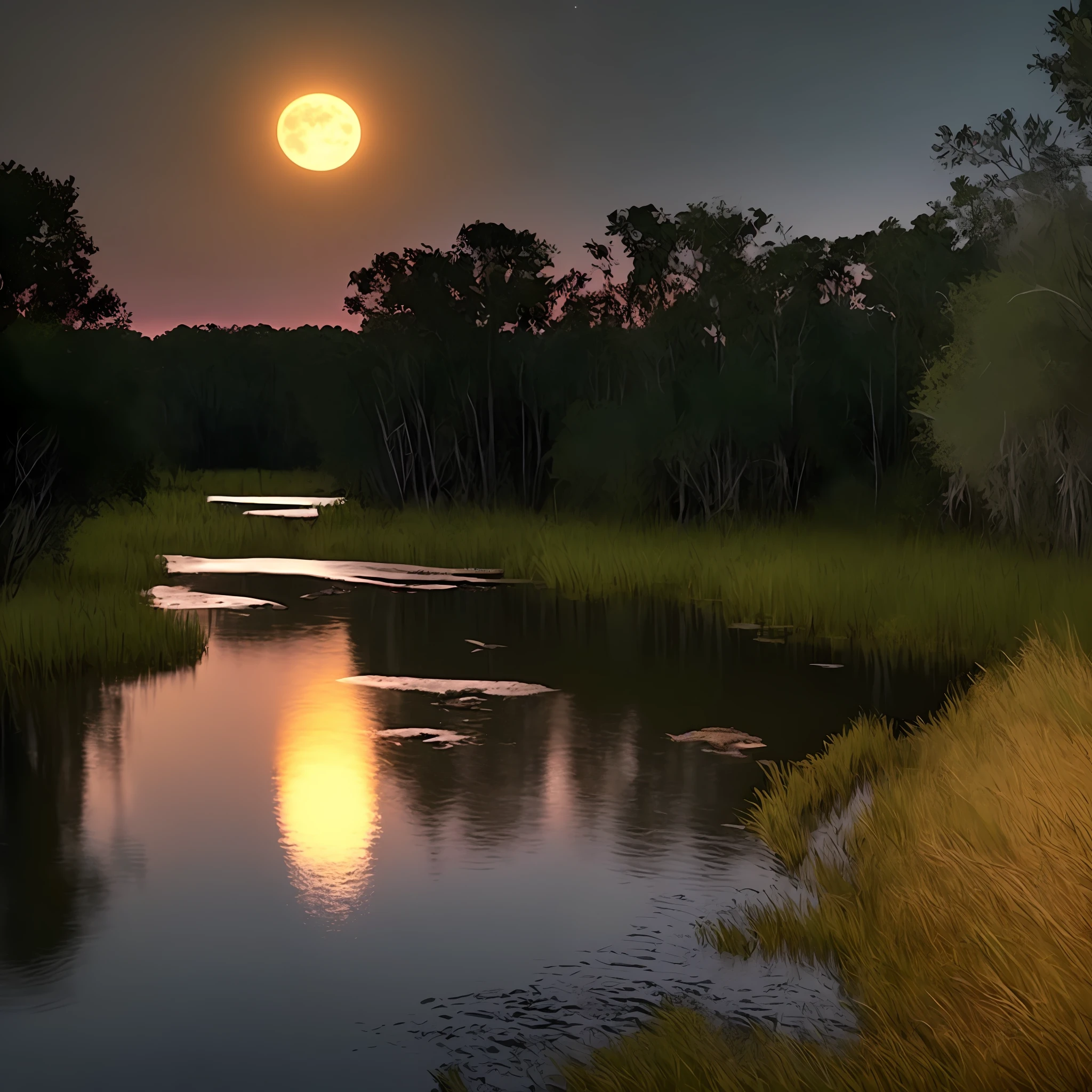 (4k, HDR, image focus) Pack of gators, colored "black, green, yellow". Night swamp" open waters", full moon in the background. Gator hunting(photorealistic)