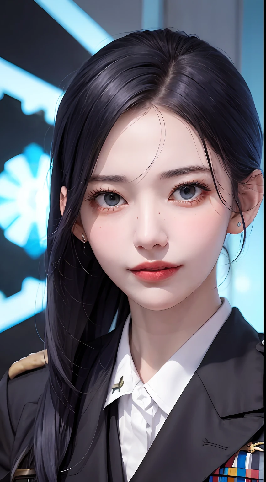 Modest outfit, remote shot, detailed beautiful delicate face, detailed beautiful delicate eyes, perfect facial proportions, high-definition skin, fine skin, four-inch best ratio. With one thumb, masterpiece, highly detailed, realistic, (World War II German general uniform reference : 1.8), highest facial resolution, 26 years old, modestly dressed woman, completely dressed, ( body small, dark blue hair, long hair and fine bangs, dark blue eyes), futuristic, science fiction, fighter plane, standing on the apron, government agency, personality hilarious, cheerful expression, respectful face, war, fighter plane