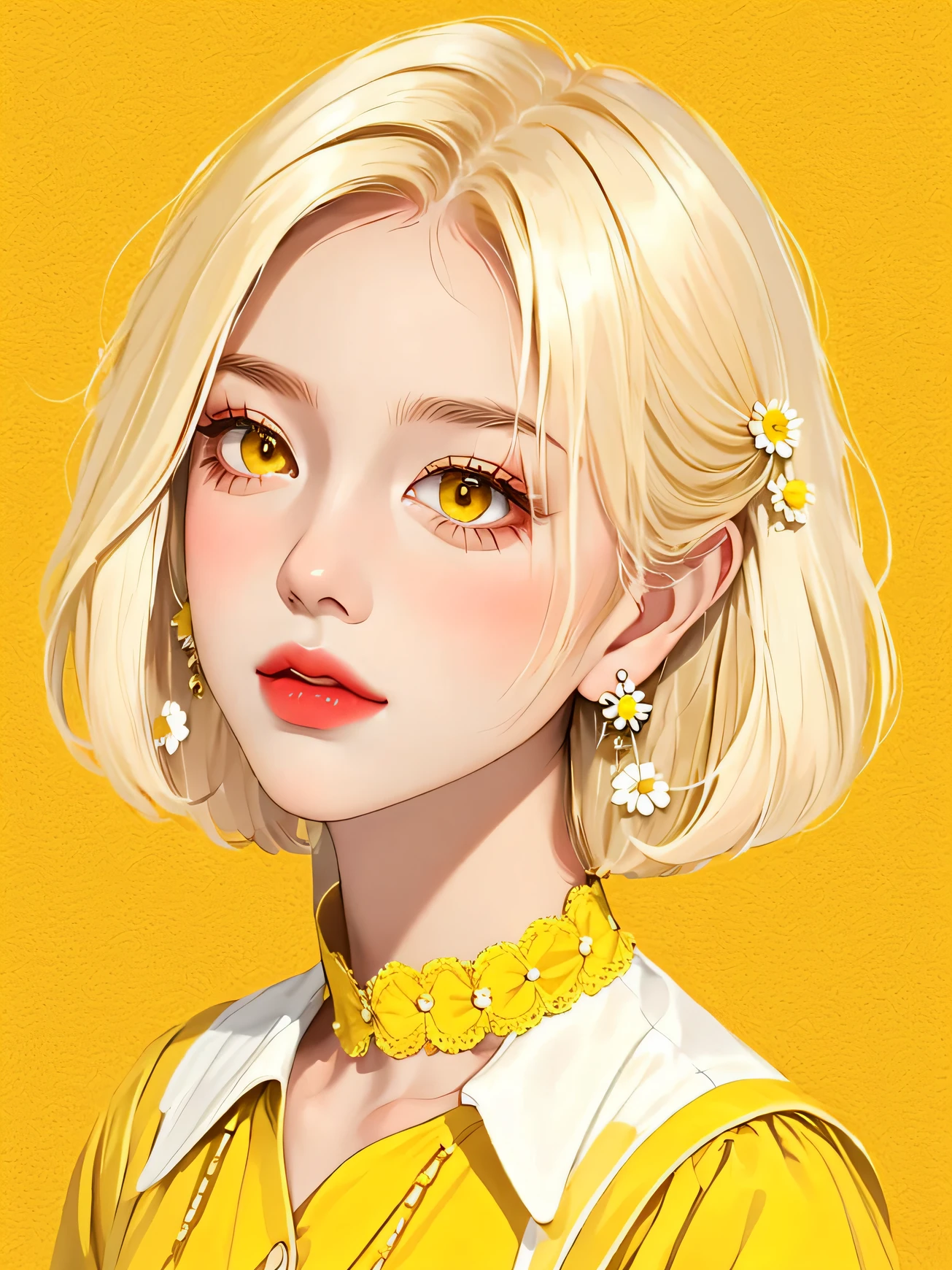Highest quality, masterpiece, a girl, short yellow hair, slightly curly hair, yellow earrings, collar, (yellow and white clothing), (delicate hair portrayal), (delicate yellow eye portrayal), (delicate facial features), solo, (small daisies), portrait depiction, solid color background, brokenness