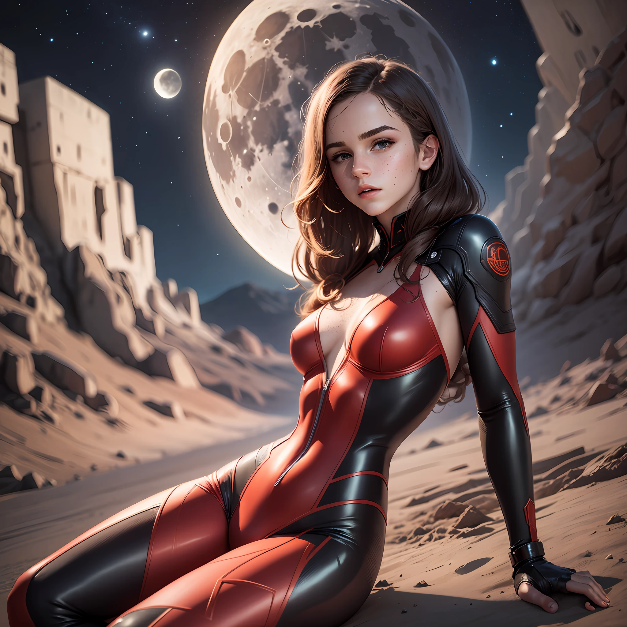 teen emma watson. tight futuristic red suit. freckles, beautiful face, masterpiece, intricate detail, sitting, perfect anatomy. background moon. night.