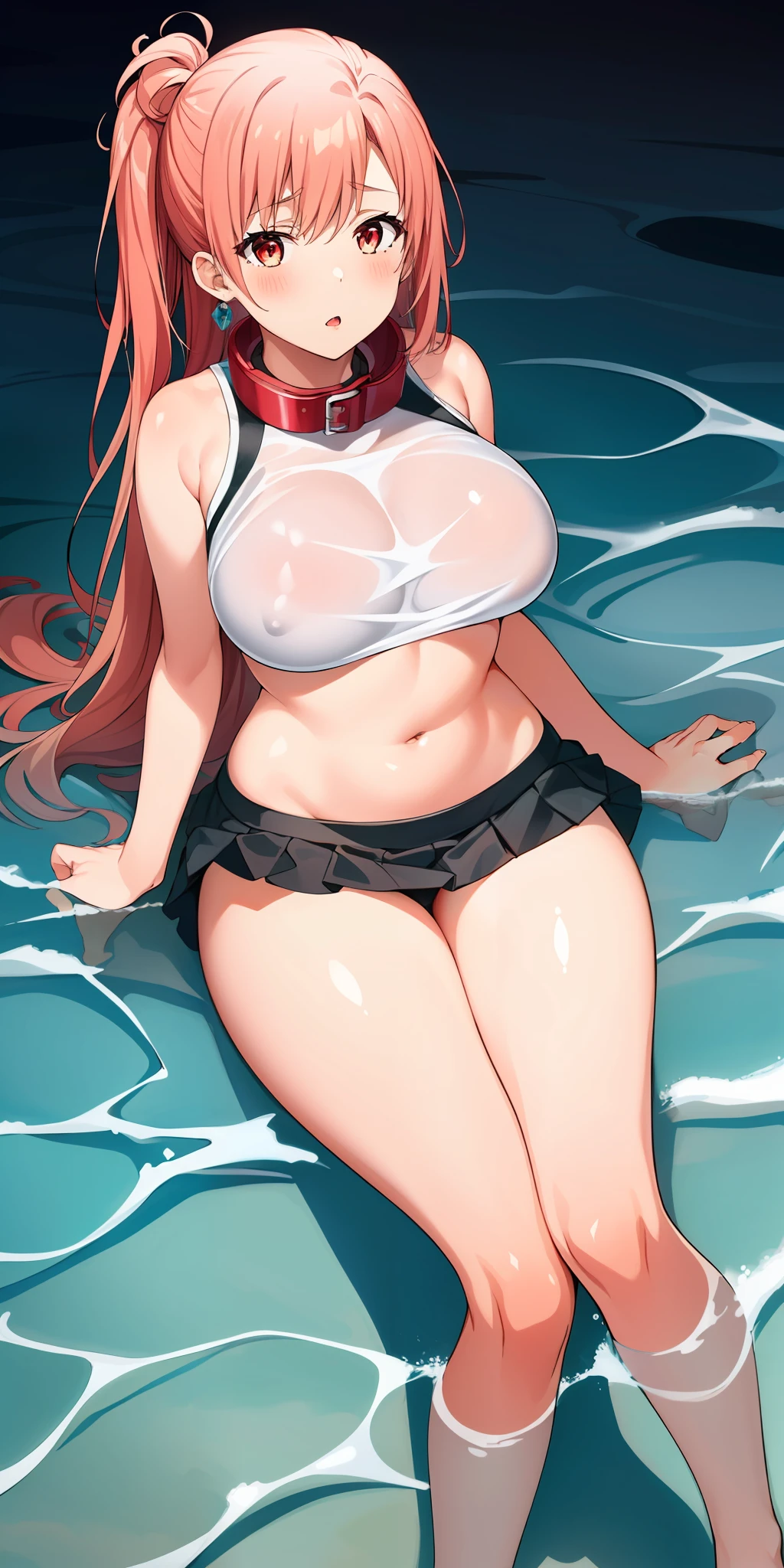 1girls，Petite，独奏，slong hair，skirts，Water collar，Belly button，watching，Black dress 7，mini-skirt，Bare feet，seethrough，neckline，Crop top，Crop top，Pleated skirt，aqua，school uniform，Midgastric，Shirt，serafuku，Extra long hair，Um corpo inteiro，ultra miniskirt，Bare shoulders，whiteshirt，Bare legs，Wide hips，Thick thighs，ginormous breasts，Blackwater collar，Hair bangs，stomach，Blue collar，parted lips，Floating hair，standup，legsupsexms, (NSFW:1.4)