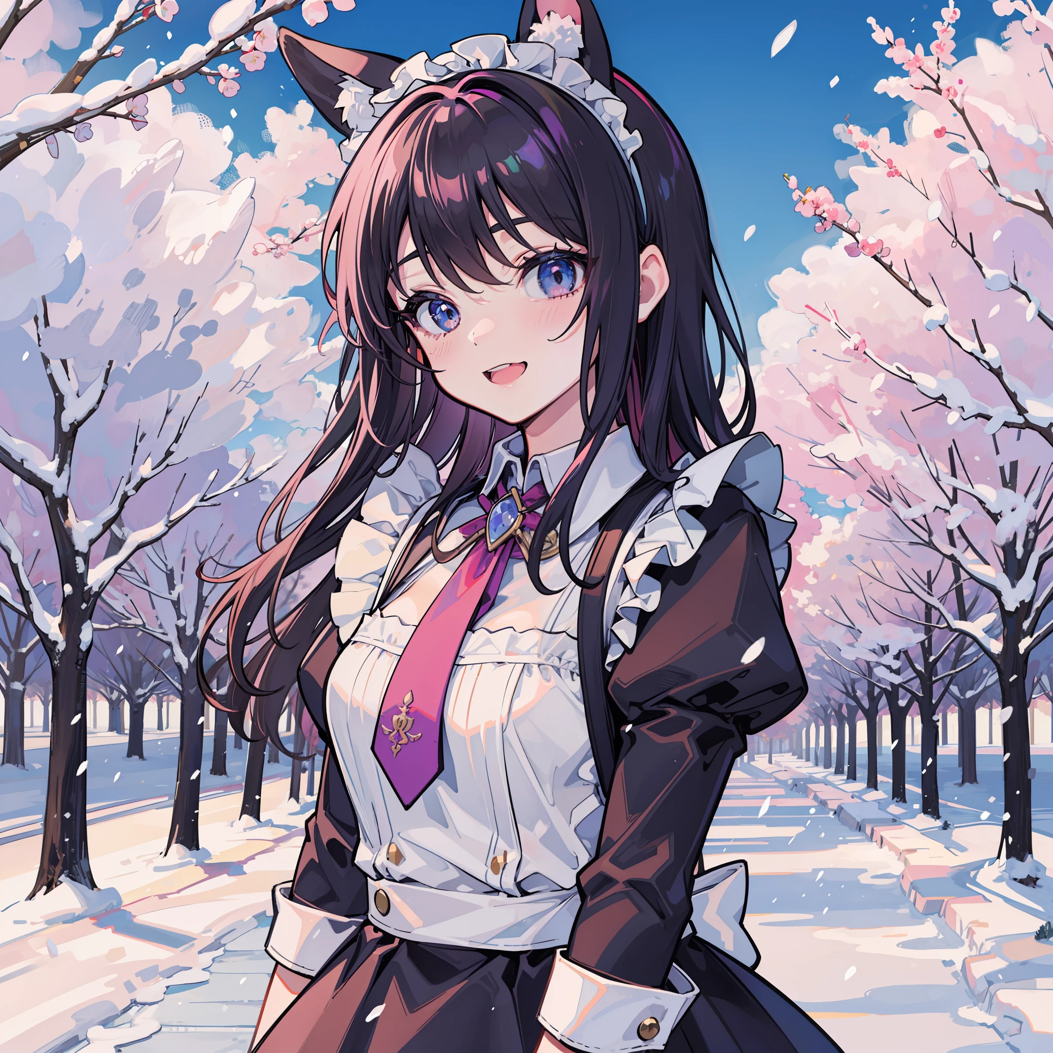 Rabbit-eared girl　Short sleeve maid clothes　 The snow is amazing　In the snow　Snow background　Row of cherry tree　Sorrisos