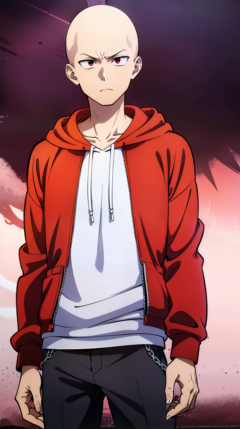 Obra maestra, 1boy, saitama, calvo, serious face, red hoodie, white shirt,