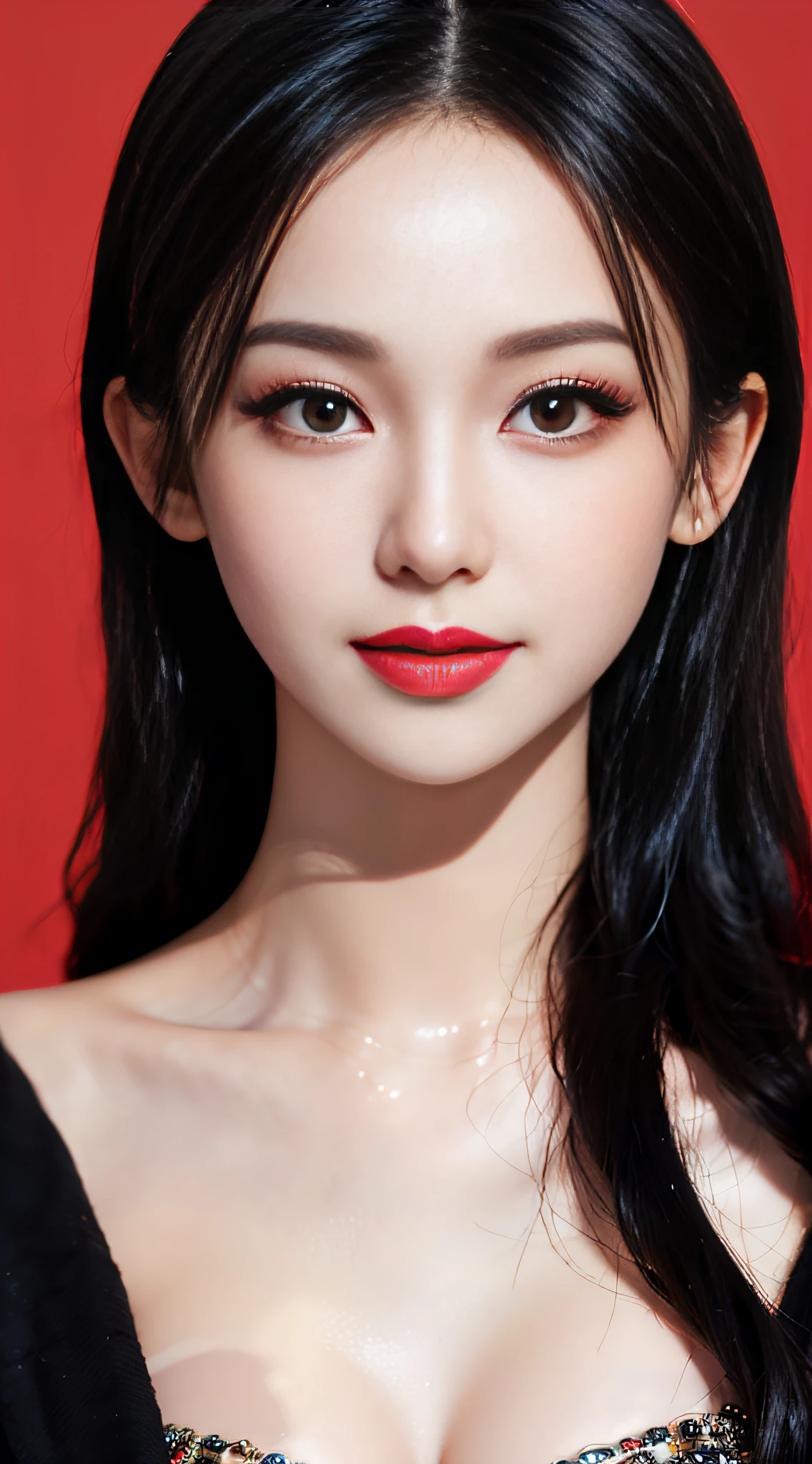 Master works, best image quality, higher quality, super high detail, super high resolution, 8k resolution, 1 girl, exquisite and perfect detailed facial features, exquisite and perfectly detailed face shape, (((plain makeup)), ((long black hair)), ((classical meniscus eyebrow)), (exquisite and perfect eye structure)), ((double eyelids, eyelid portrayal perfectly)), ((long eyelashes)), brown clear eyes, sweet lying silkworm, small upturned nose, ((standard lips: moist high-gloss red lips)), collarbone, (( Warm white skin)), ((girl smiling)), solo, close to the viewer, bust, ultra-high precision, super perfect precise human body structure