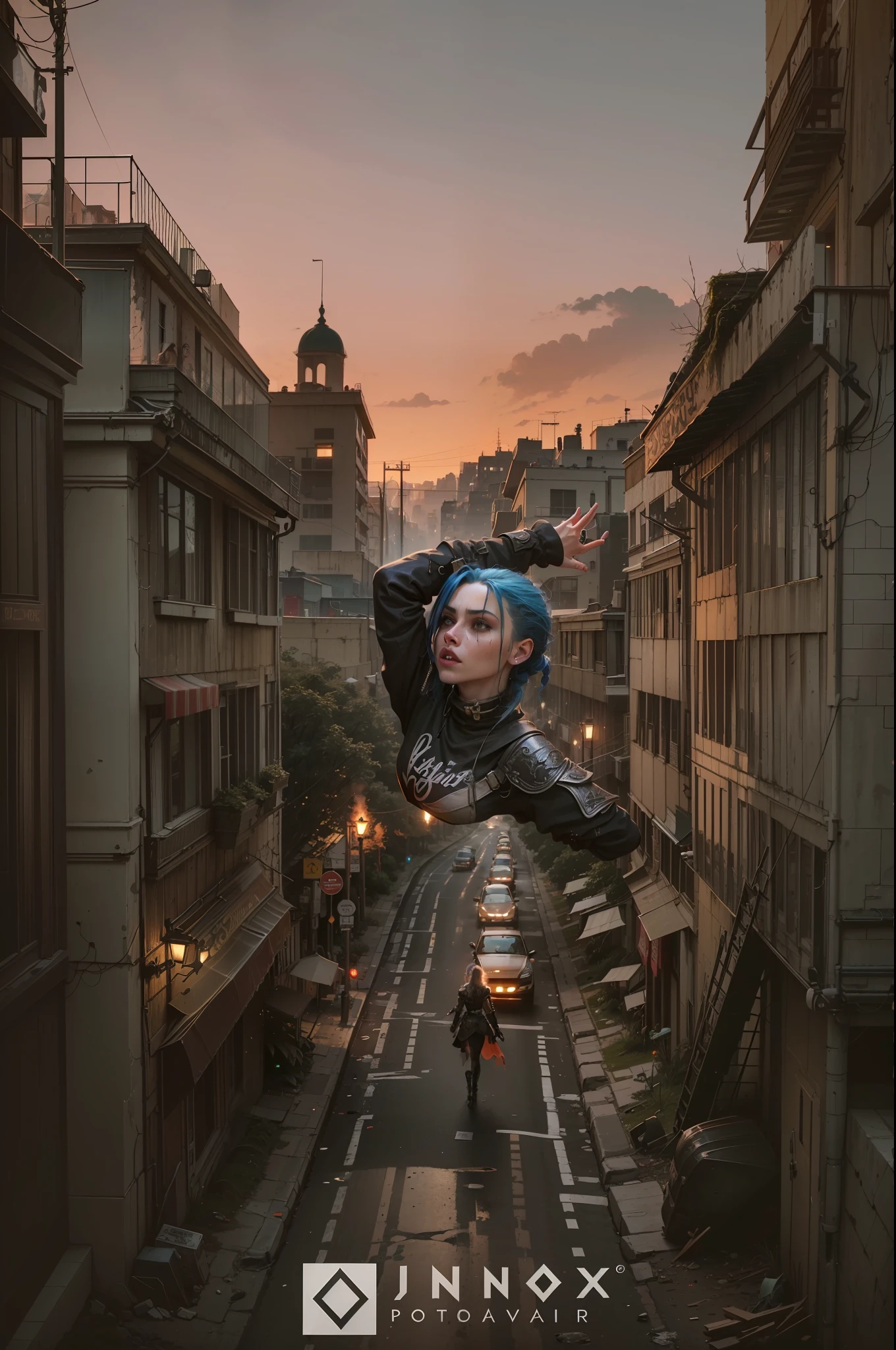 ((Best quality)), ((masterpiece)), (highly detailed:1.3), 3D, arcane style,In the dark and courageous dystopian city of Piltover, plagued by violence and divided into two opposing factions, a young prodigy named Jinx emerges. Having endured unimaginable loss and abandonment, she embraced a life of chaos and destruction. Known for her inventive and explosive abilities, Jinx becomes an icon of rebellion against the oppressive forces that control the city. However, haunted by guilt and battling inner demons, she must confront her past and decide whether to continue on the path of anarchy or seek redemption amid the turmoil. Explore Jinx's journey as she navigates a treacherous world, fighting for survival, unlocking secrets, and discovering the true meaning of her twisted existence, chaos reigns supreme, and at the center of it all is Jinx, the embodiment of unpredictability. Delve deep into Jinx's twisted mind, exploring the origins of his madness and the driving force behind his destructive nature. Unravel the moments that shaped her into the crazed, iconic character we know. Take us on a wild journey through the vibrant streets of Piltover and the shadowy suburb of Zaun as Jinx wreaks havoc with his explosive arsenal. Can redemption find its way into Jinx's fractured soul? Or will she dance forever on the edge of sanity, embracing the chaos that fuels her very existence? Arcane's fate hangs in the balance as Jinx's path intertwines with unlikely allies and formidable enemies. Ignite your imagination and paint a vivid portrait of Jinx's distorted psyche, capturing the essence of her madness and the indomitable spirit that defines it, HDR (High Dynamic Range), Ray Tracing, NVIDIA RTX, Super-Resolution, Unreal 5, Subsurface Scattering, PBR Texturing, Post-processing, Anisotropic Filtering, Depth of Field, Maximum Clarity and Sharpness, Multit Textures