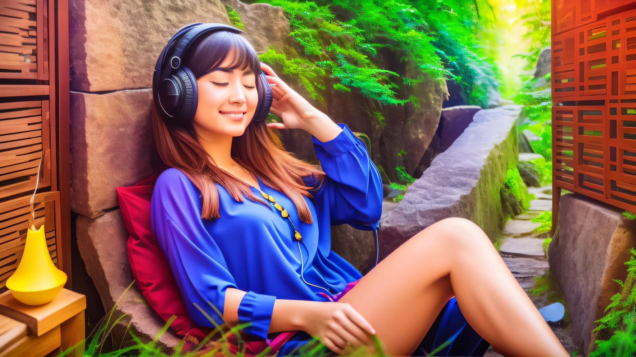beautiful woman with headphones listening to music in front of an old house --auto