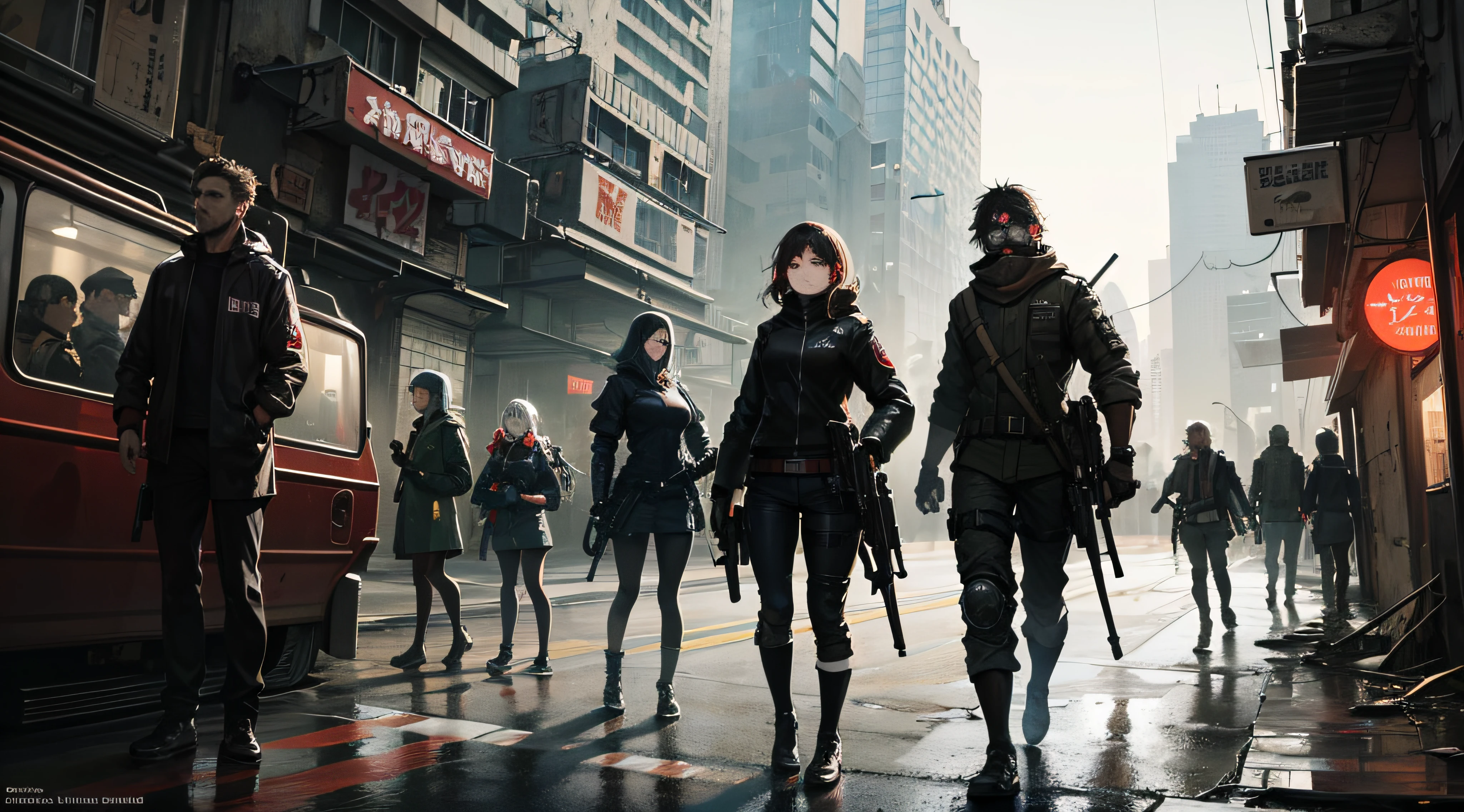 A group of armed guerrillas in a post-apocalyptic cyberpunk city in a terrifying and dark masterpiece. --auto