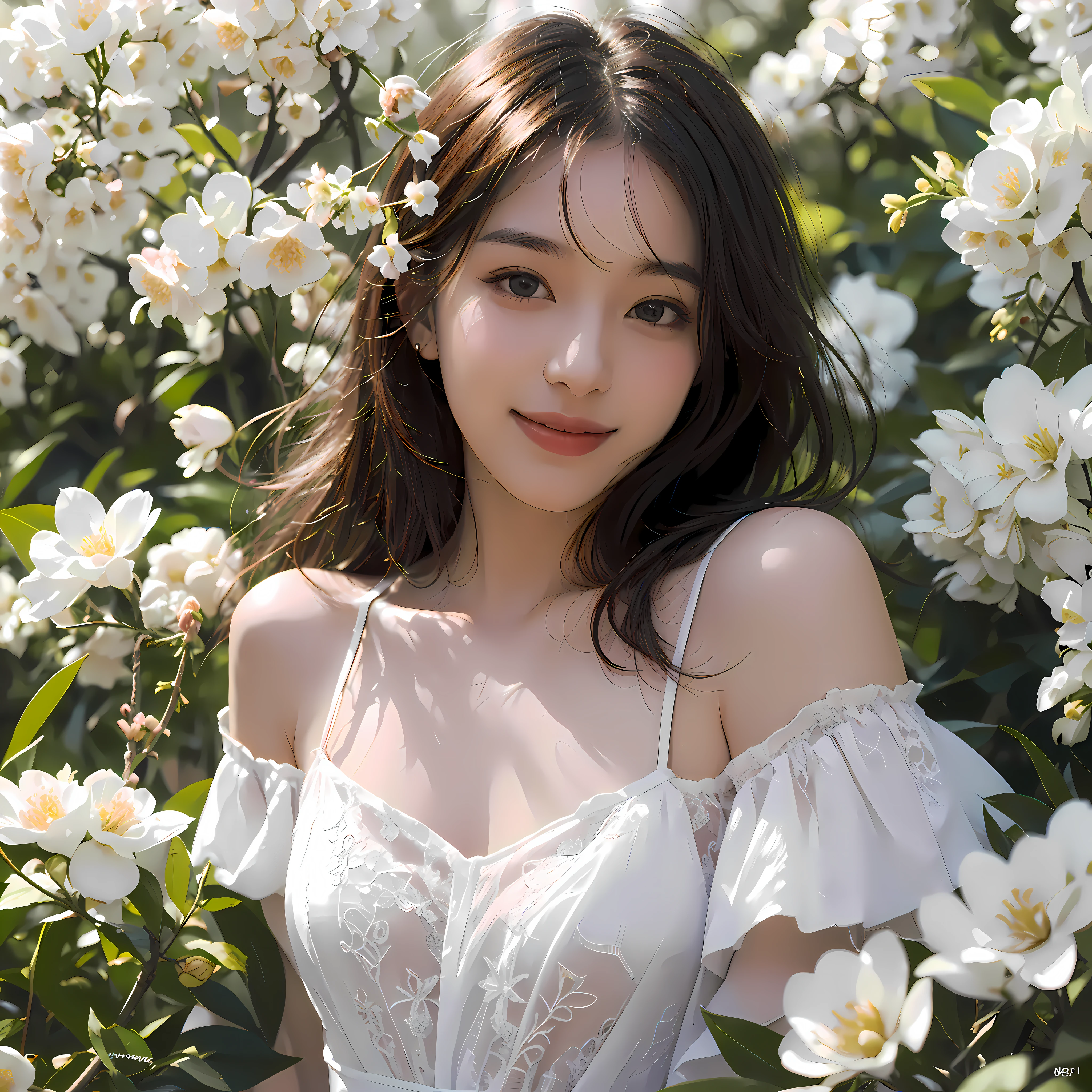 Best quality, masterpiece, ultra high res, (photorealistic:1.4), raw photo, 1girl, white dress, off shoulder, blossom flower field, glowing skin, light smile