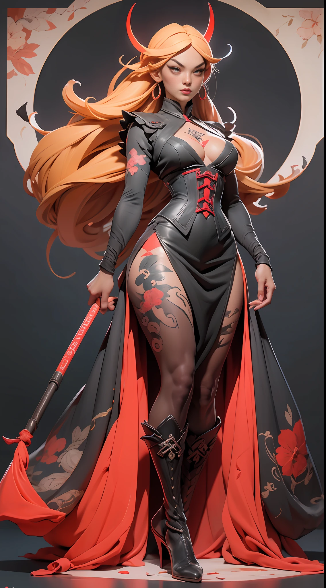 wuxia,vector art, beautiful and delicate face, 1ebony woman with tattoos, long blonde hair, Red and black corset and tight skirt, super colorful, luminous colorization, sharp, cinematic, dof, 35mm, pintura luminosa, full body, standing in obscure background.