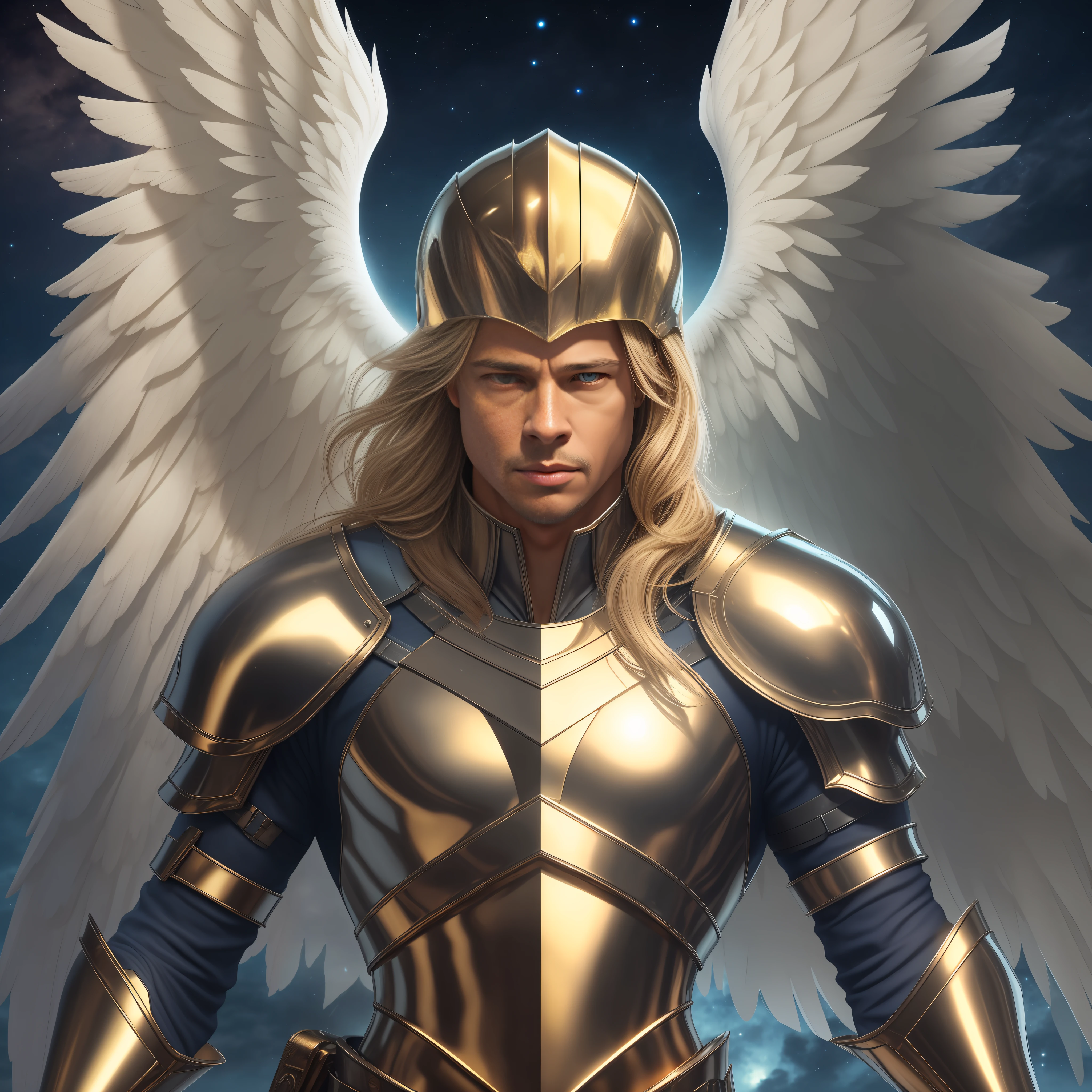 Michael Archangel with sword. brad pitt face (1.2). alone. full body. Gold and silver armor. detailed beautiful face. facing camera. Dark atmosphere. big white wings (1.2). Extremd long blond hair (1.2). almond blue eyes. night sky. 8k, HDR, ultra realistic, realistic skin, masterpiece, best quality, high quality, photo realistic, ray tracing.