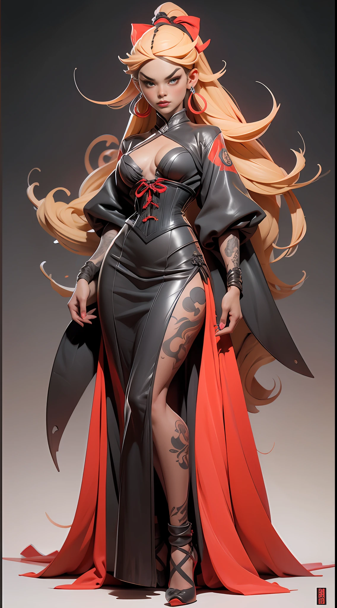wuxia,vector art, beautiful and delicate face, 1ebony woman with tattoos, long blonde hair, Red and black corset and tight skirt, super colorful, luminous colorization, sharp, cinematic, dof, 35mm, pintura luminosa, full body, standing in obscure background.