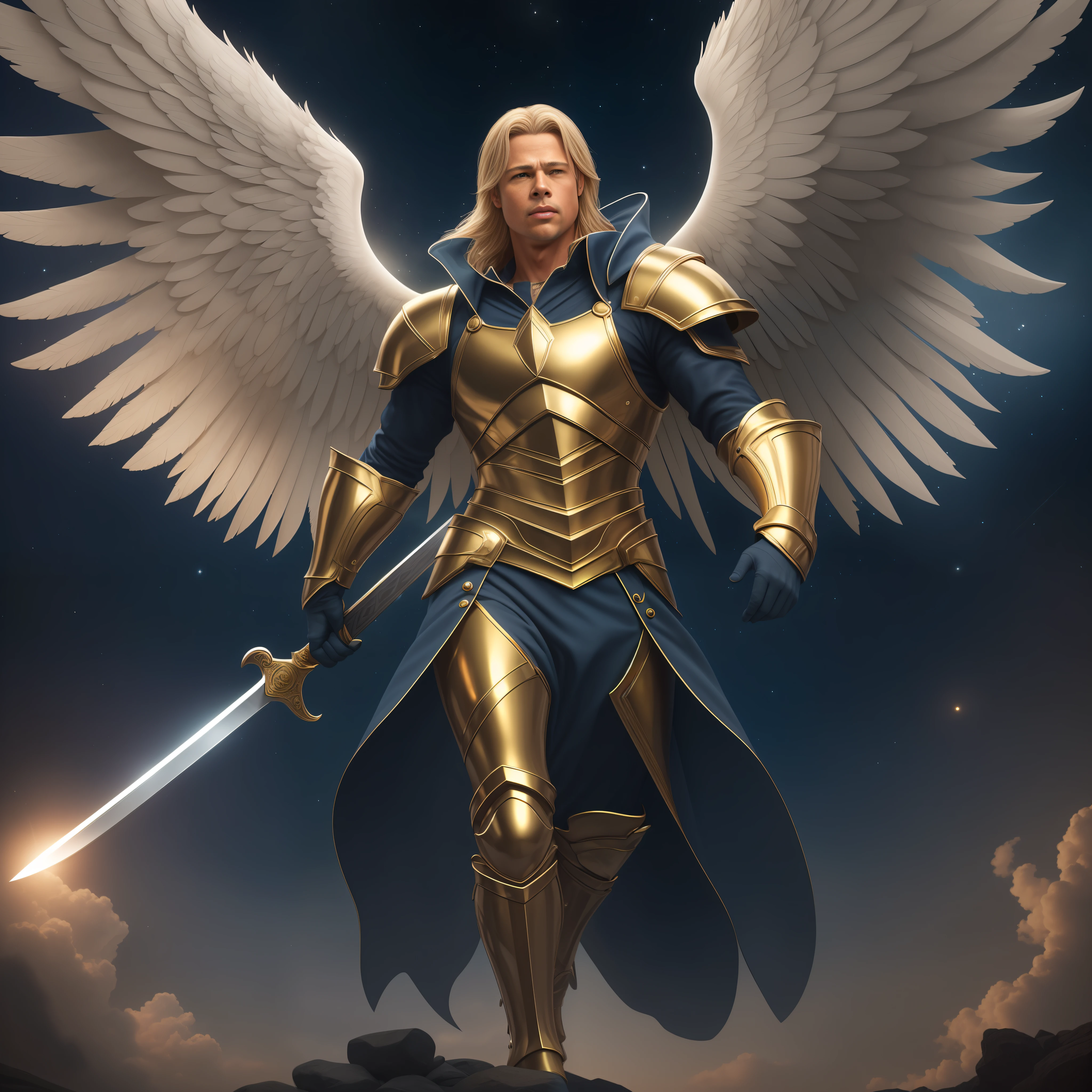 Michael Archangel with sword. brad pitt face (1.2). alone. full body. Gold and silver armor. detailed beautiful face. facing camera. Dark atmosphere. big white wings (1.2). Extremd long blond hair (1.2). almond blue eyes. night sky. 8k, HDR, ultra realistic, realistic skin, masterpiece, best quality, high quality, photo realistic, ray tracing.