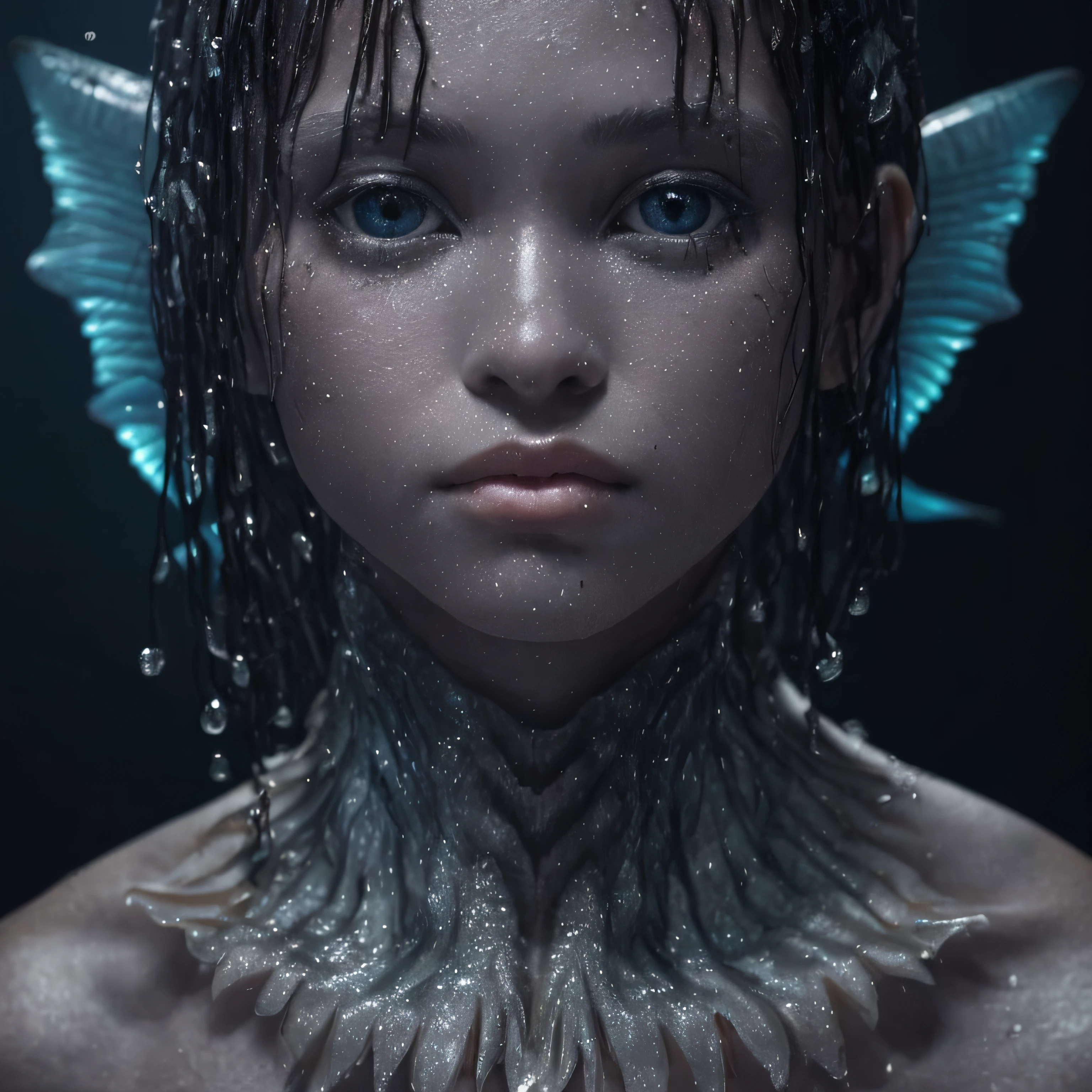 Award-winning studio photo Young Fish, pele negra, WATER DRIPS, Close-up, carbono, (textura detalhada: 1.3), (pele detalhada: 1.2), olhos detalhados, Crisp Focus, hd, HDR, 8k, reflection, (corpo molhado: 1.3), ( escamas de peixe:1.4), (gills in the neck:1.7)