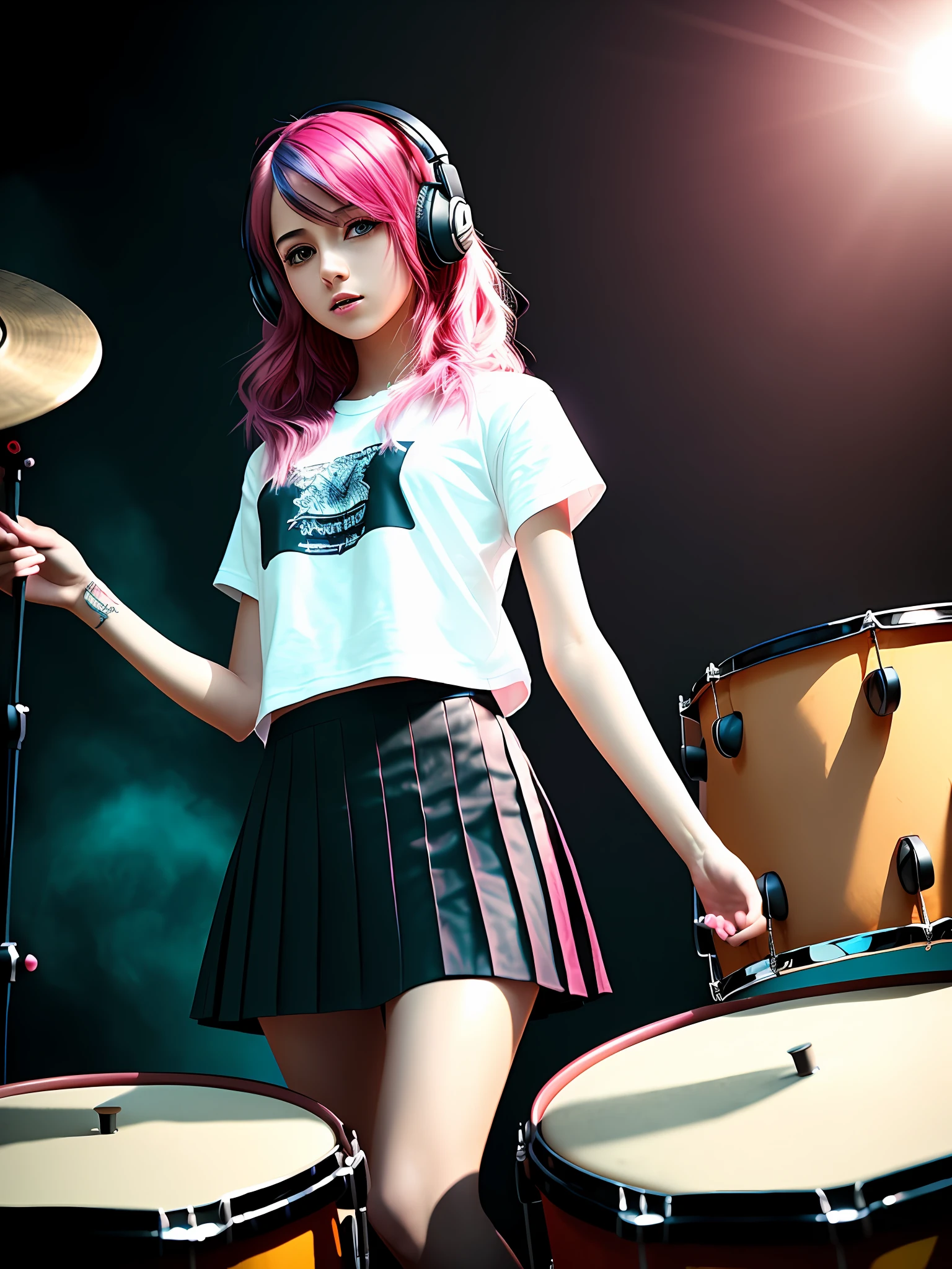 ((1girl)), ((cinematic light)), colorful, hyper detail, dramatic light, intricate details, best quality, (extremely detailed CG unity 8k wallpaper, masterpiece, best quality, ultra-detailed, best shadow), (detailed background:1.4), (beautiful detailed face, beautiful detailed eyes), High contrast, (best illumination, an extremely delicate and beautiful),(girl:1.5), solo, black skirt, brown eyess, drums, acoustic drums, red drums, headphones, holding, holding plectrum, instrument, long hair, music, one side up, pink hair, playing drums, pleated skirt, black shirt, indoors ((caustic)), dynamic angle,beautiful detailed glow,full body, cowboy shot,