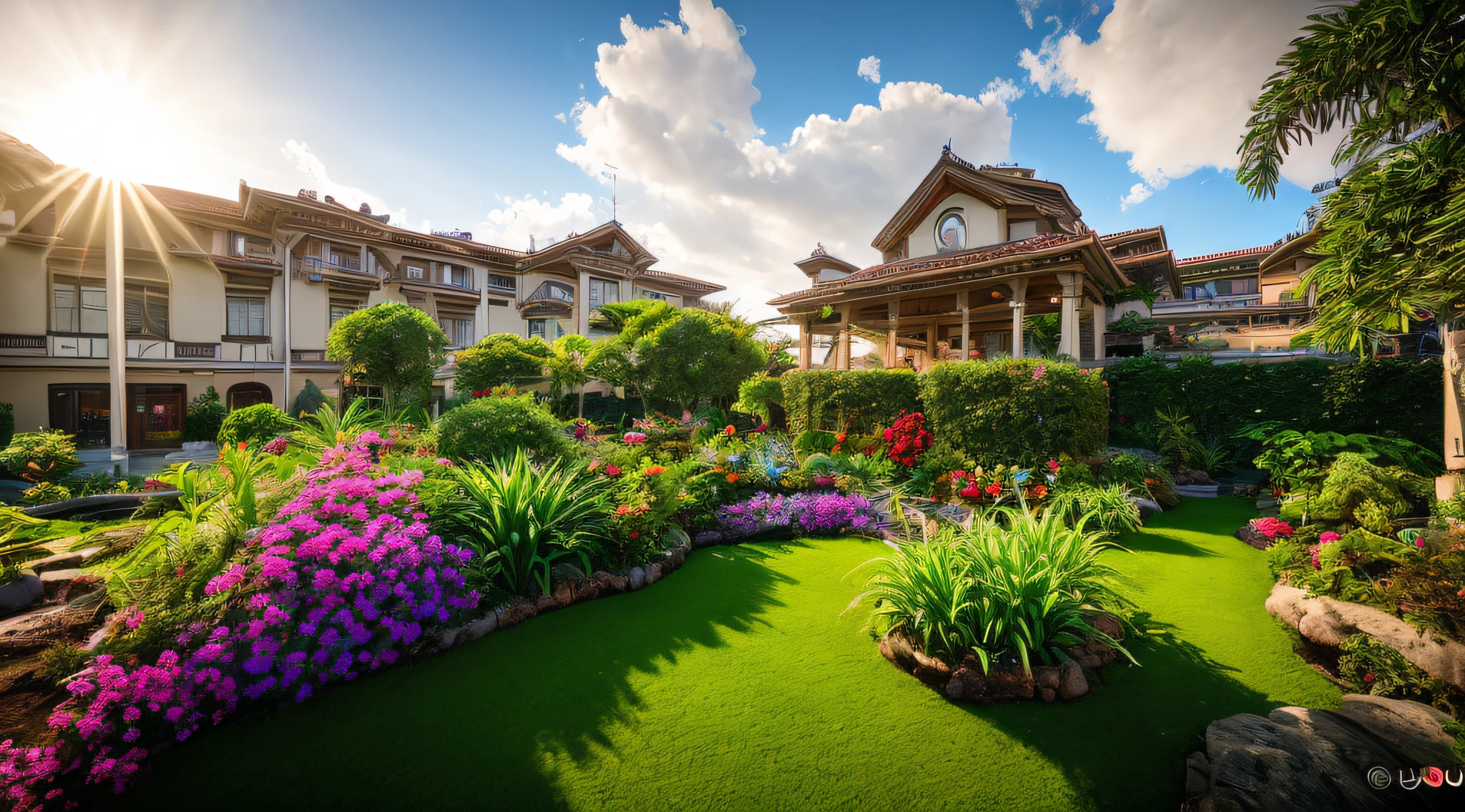 An extremely realistic garden, with tropical plants and Art Nouveau style buildings inspired by the Art Nouveau style of the 1890s and 1910s. The sun shines brightly, creating a vibrant and radiant atmosphere in the environment. The lush and exotic plants are meticulously represented, with detailed leaves and vibrant colors., Art Nouveau, lens flare, depth of field, cinematic lighting, motion blur, glowing light, god rays, ray tracing, reflection light, backlighting, vignetting, drop shadow, depth of field, cinematic lighting, motion blur, glowing light, god rays, ray tracing, reflection light, vignetting, UHD, retina, super detail, high details, award winning, best quality, 16k, 16k, best quality, award winning, high details, super detail, high quality, background blur locked blur vignette