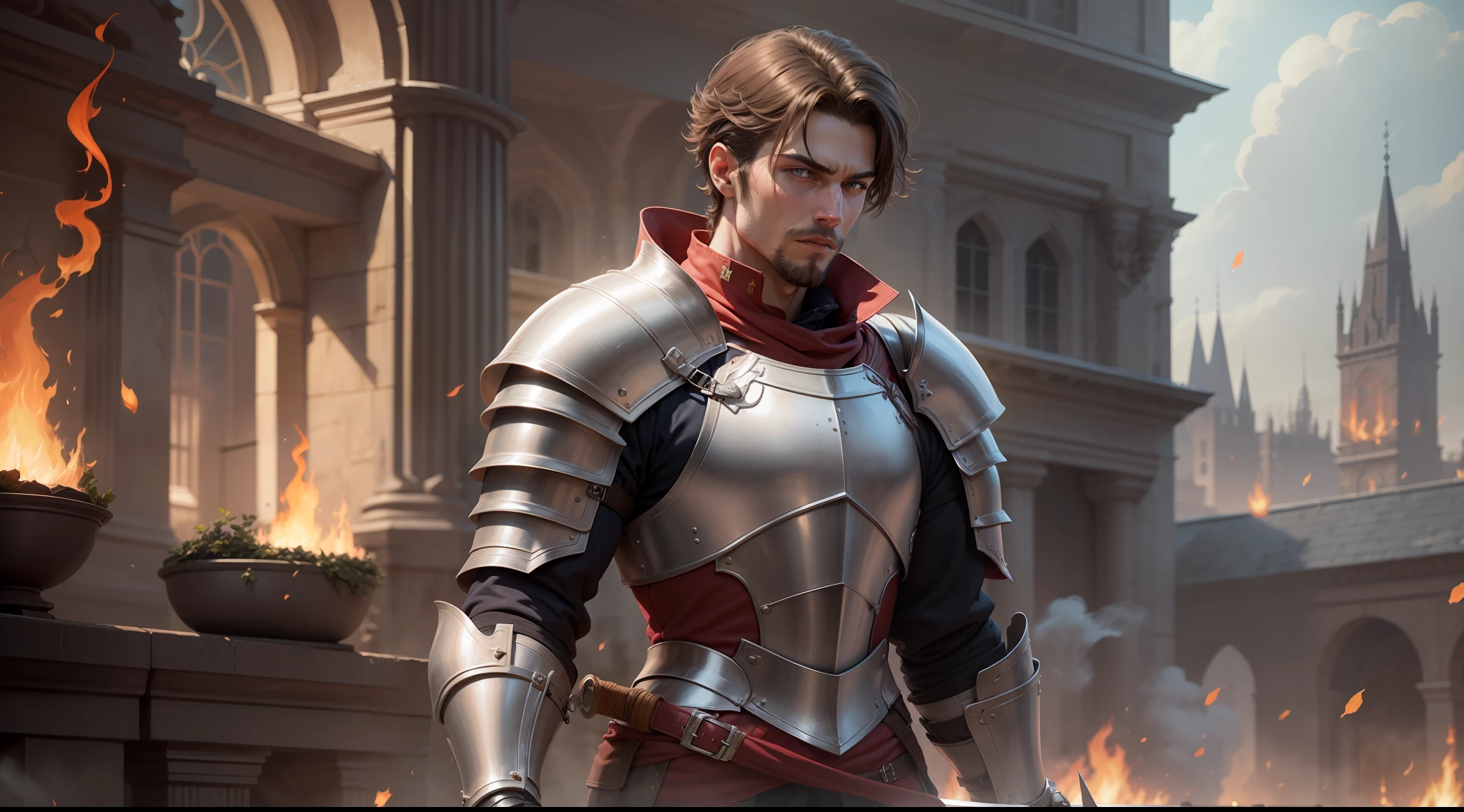 A very handsome knight with a very astonishing red Armour and a flame sword without helmet