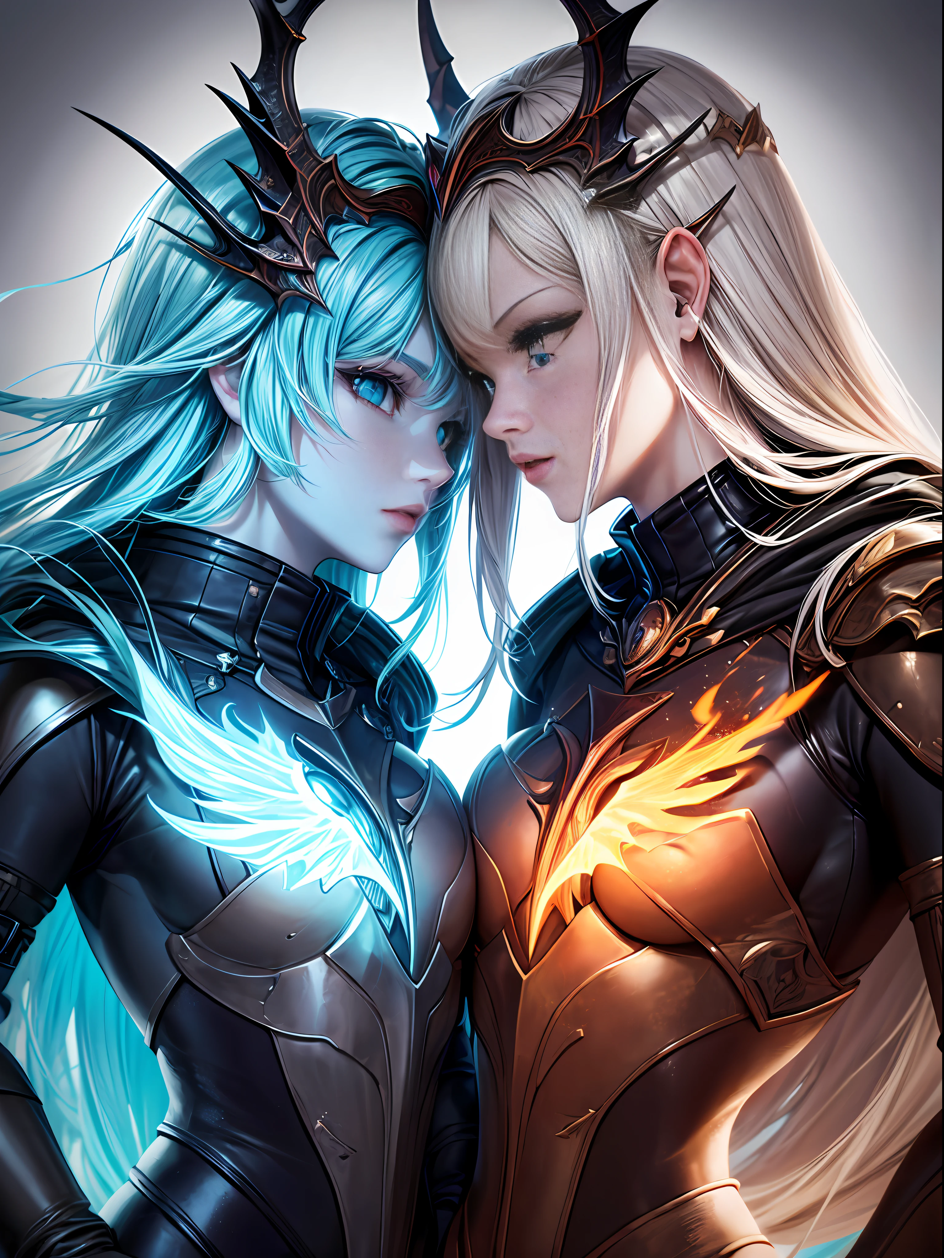 (Masterpiece, Top quality, (Cool Color Palette:1.2),glowing with, The flame glows, Metal glows,Best quality, offical art, Beauty and Aesthetic: 1.2), (1girls), Extremely detailed eyes, (s fractal art: 1.3), Colorful, Most detailed, (Perfect face), Shiny skin, hdr, (White Cloak Gold thread: 1.2), Star, (light pattern), striking visual effects, (dynamic stripe, luminous track: 1.2), Bright colors, (Phoenix breastplate), (dragon helmet),