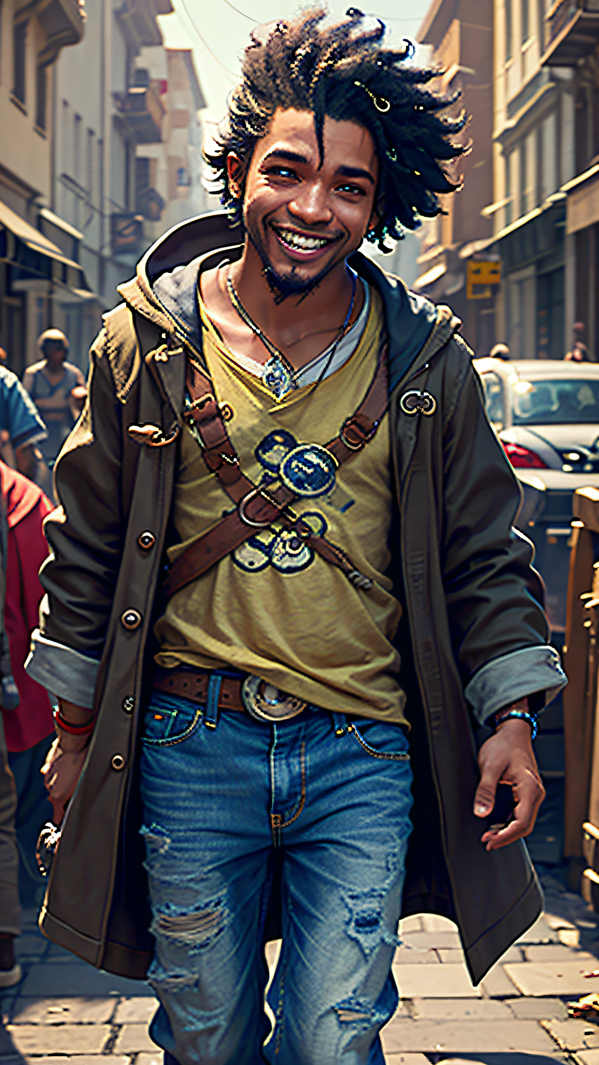 Personagem de desenho animado 3D, (((Sentado em um banco))), segurando um pequeno telefone celular, em uma rua da cidade, menino negro, (detailed facial features), camisa preta, jeans e sapatos pretos, (((baby) )), arte do filme, Cidade de Deus, ghailan!, como um personagem pixar, jovem bonito, cabelo afro, grace and blessing, (((sorriso bonito))), renderizado em irreal, imagem promocional do filme, imagem renderizada