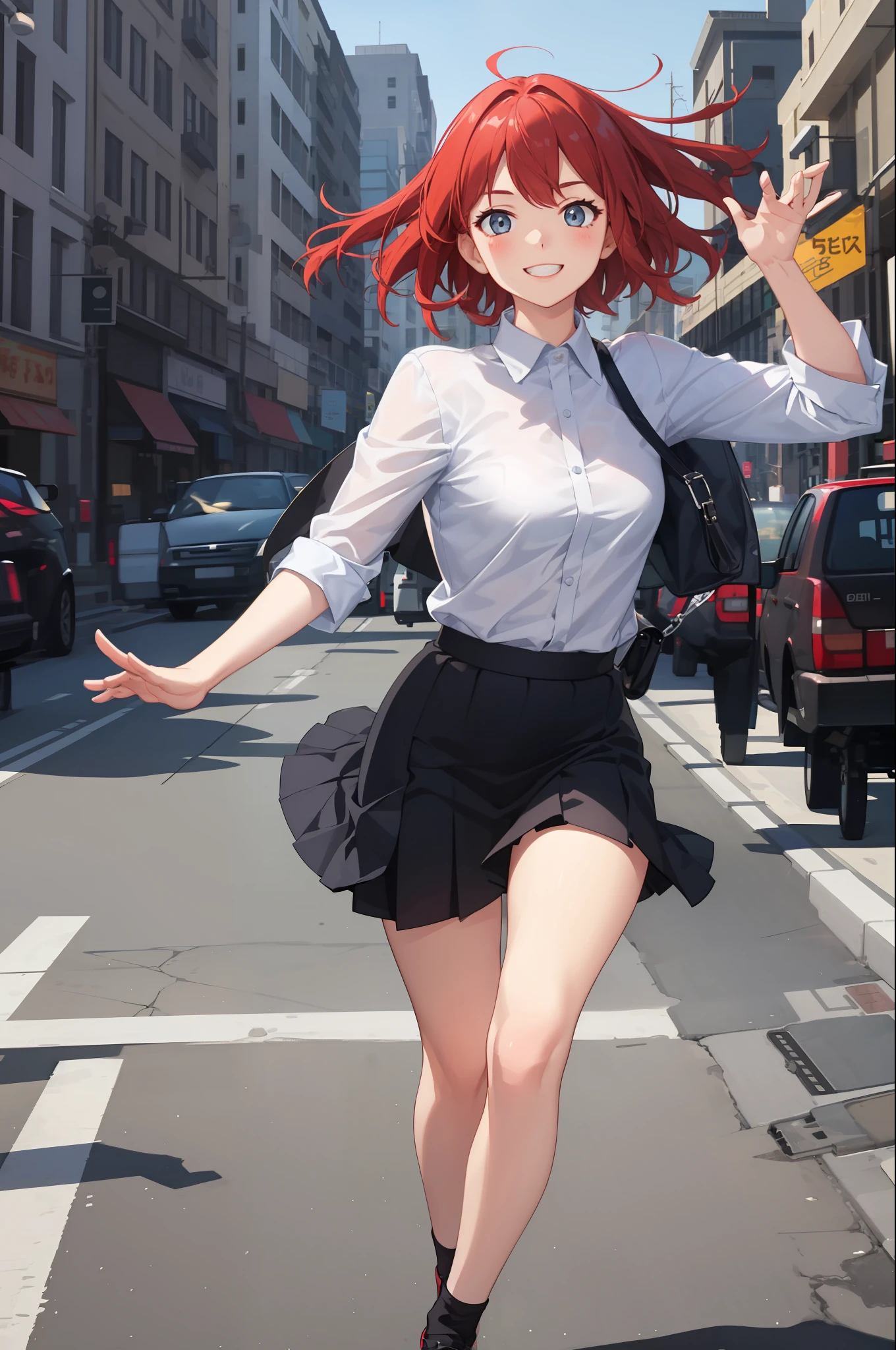 1 girl, smiling, shirt, skirt, (small breasts) flickering, running briskly,