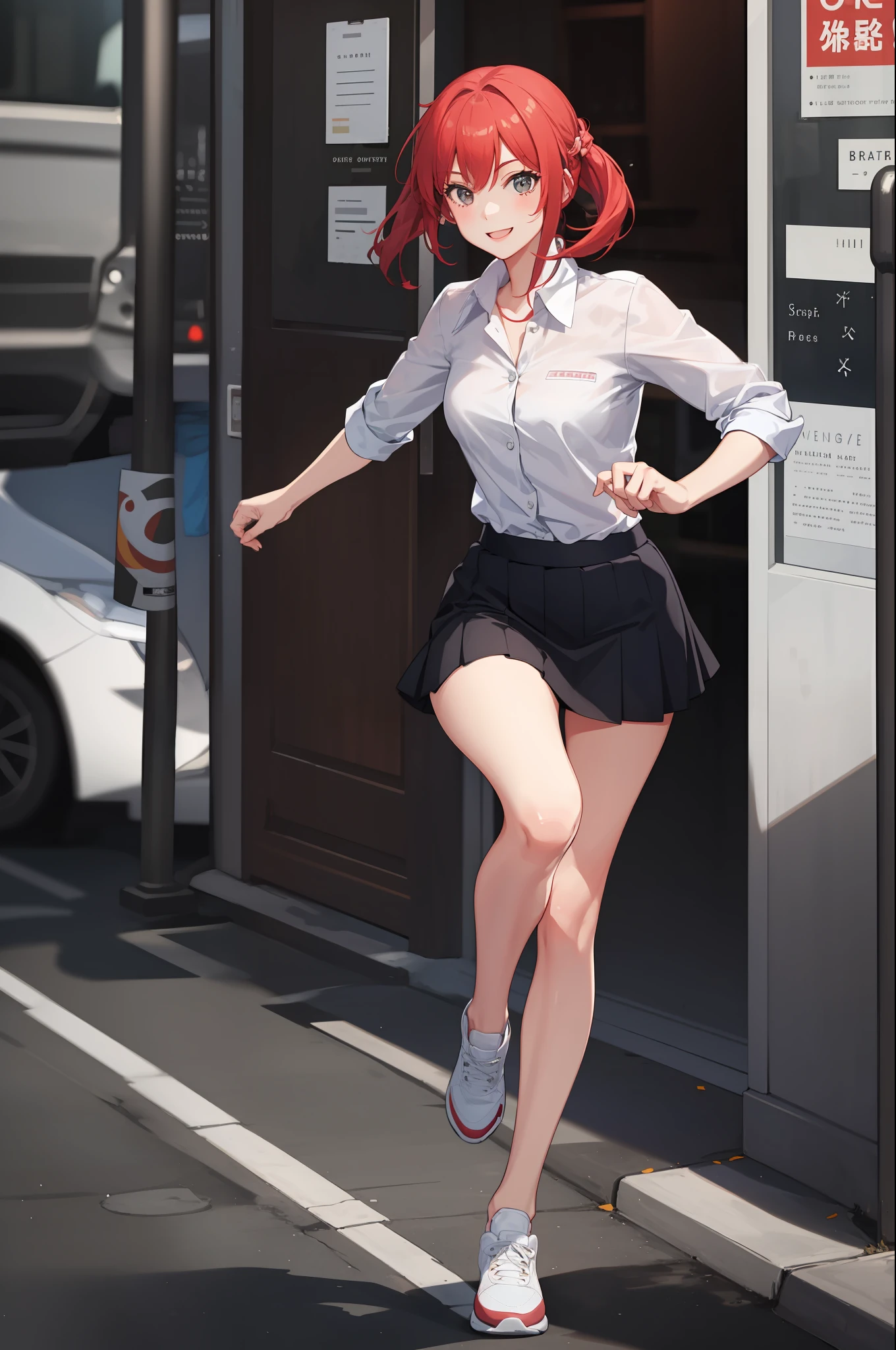 1 girl, smiling, shirt, skirt, (small breasts) flickering, running briskly,
