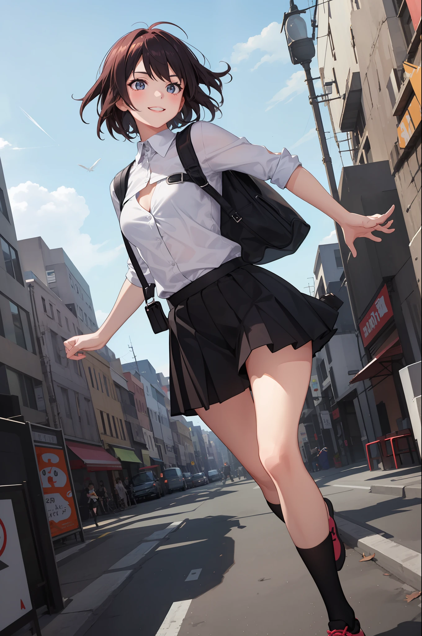 1 girl, smiling, shirt, skirt, (small breasts) flickering, running briskly,