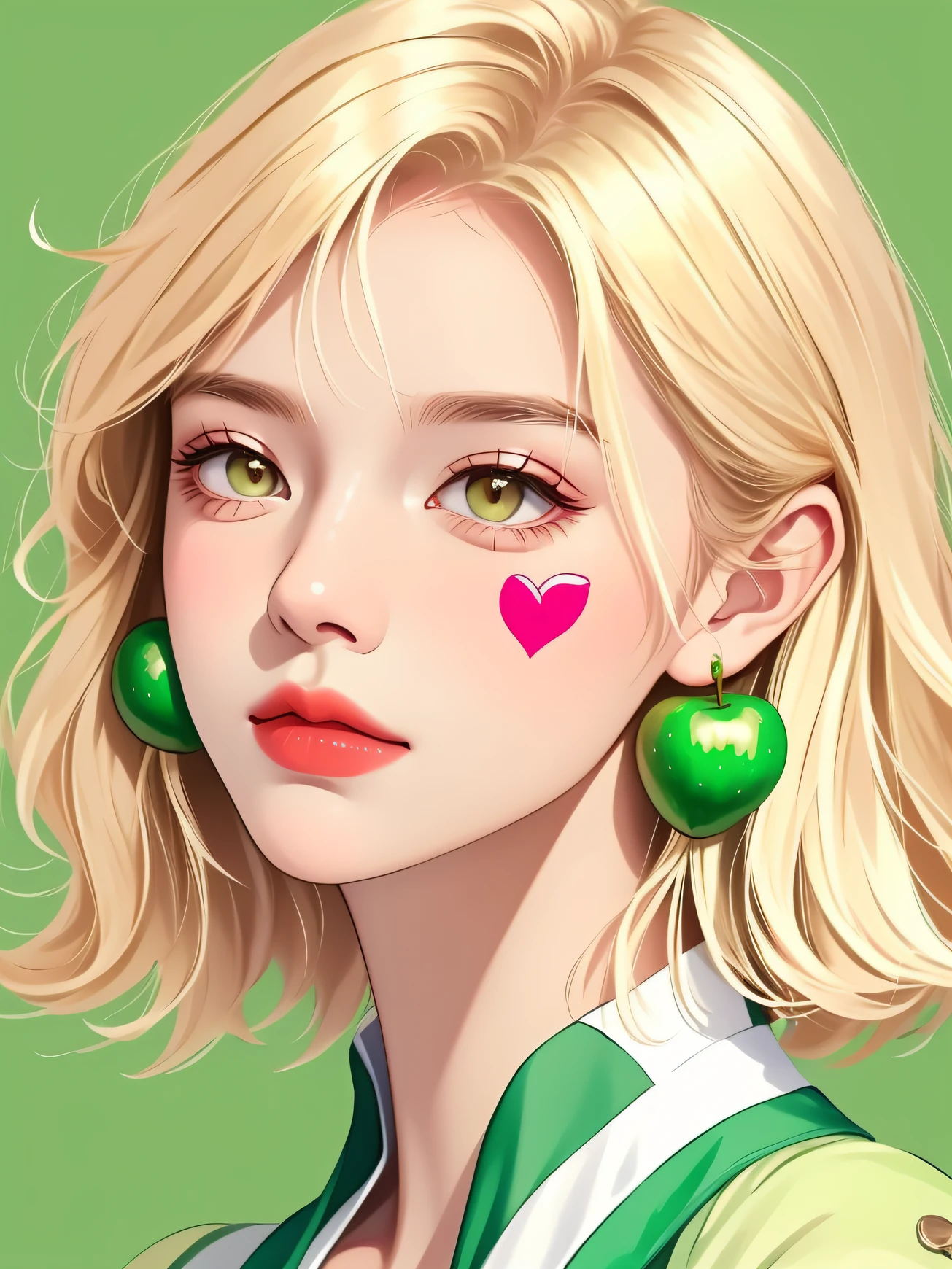 sthe highest qualit,master-piece,a pregirl,short blond hair,Hair is slightly curly,Light green earrings,Collar,(Green and white clothing),(Delicate hair portrayal),(Delicate brown eyes depicted),(Delicate portrayal of facial features),独奏,(Green apples),Portrait depiction,solid color background,Sense of brokenness
