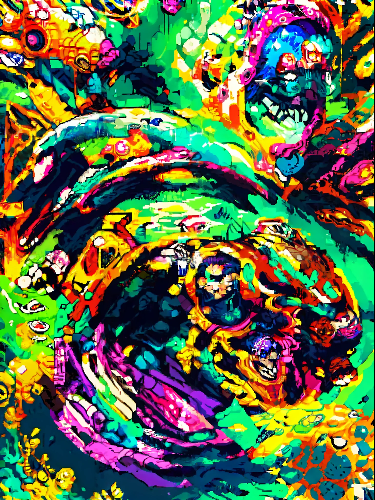 Atomic - age surrealism, translucent organisms, translucent humanoid figures floating, colorful void, organic forms, Richard Powers, by James Rizzi --ar 2:3, kamina shades, hime cut, Pop art, award winning, masterpiece, award winning