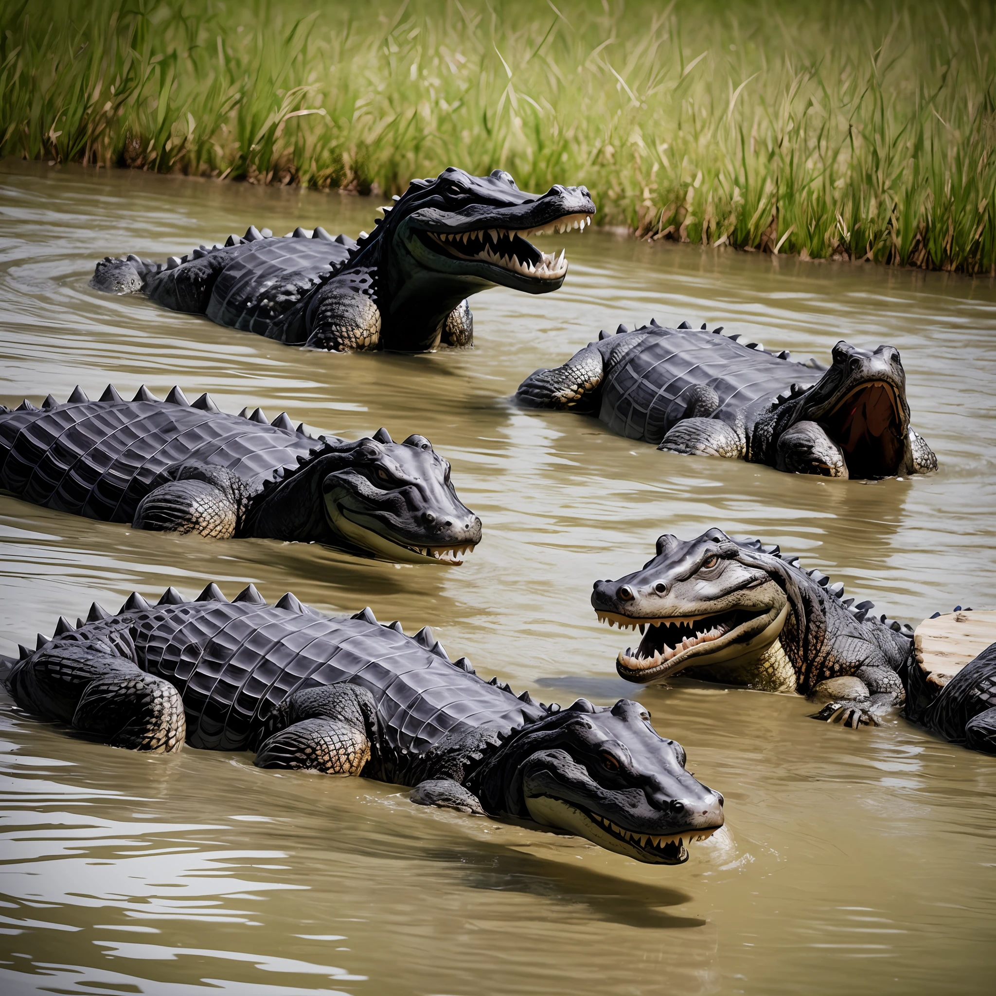 Angry alligators fighting in swamp, photorealism, hyper-realism 8k, bloody fight 8k, realistic water 8k