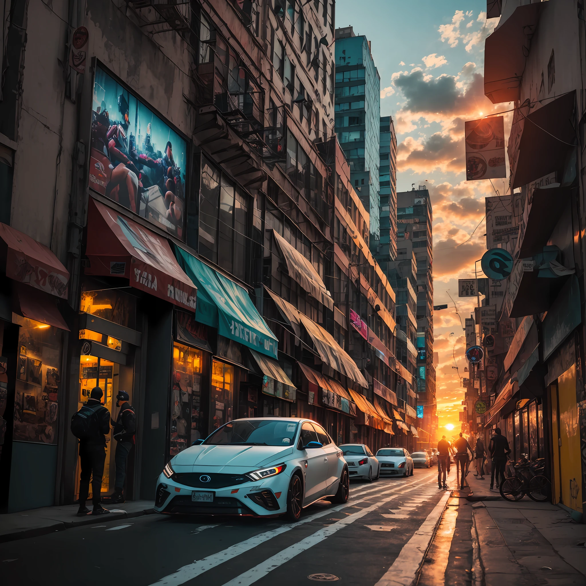 (melhor qualidade) (ultra realista) (8k) foto realista, tirada no centro de nova York, com estilo cyberpunk, por do sol, carros, pessoas, lojas, sidewalk and street, semaphore. --auto