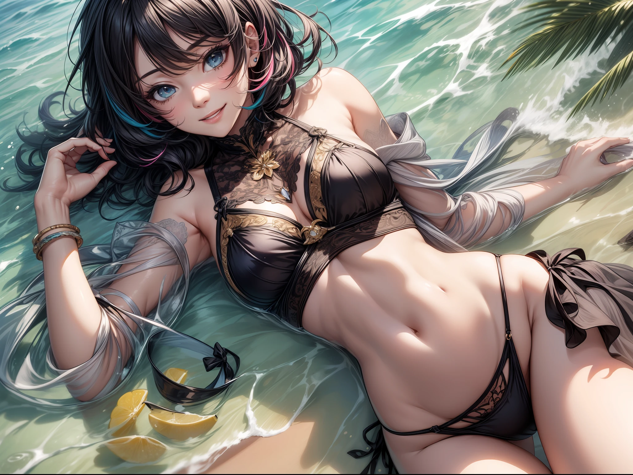 (masterwork)、Ultra-detail、in 8K、Reference sketch of beautiful girl gal girl in micro bikini、She has short hair and、Black hair、The inner color of the hair is colorful、Ultra-realistic and sharp details、Intricate and intricate details、style、Cheerful frolicking smiling with summer beach in the background Illustration