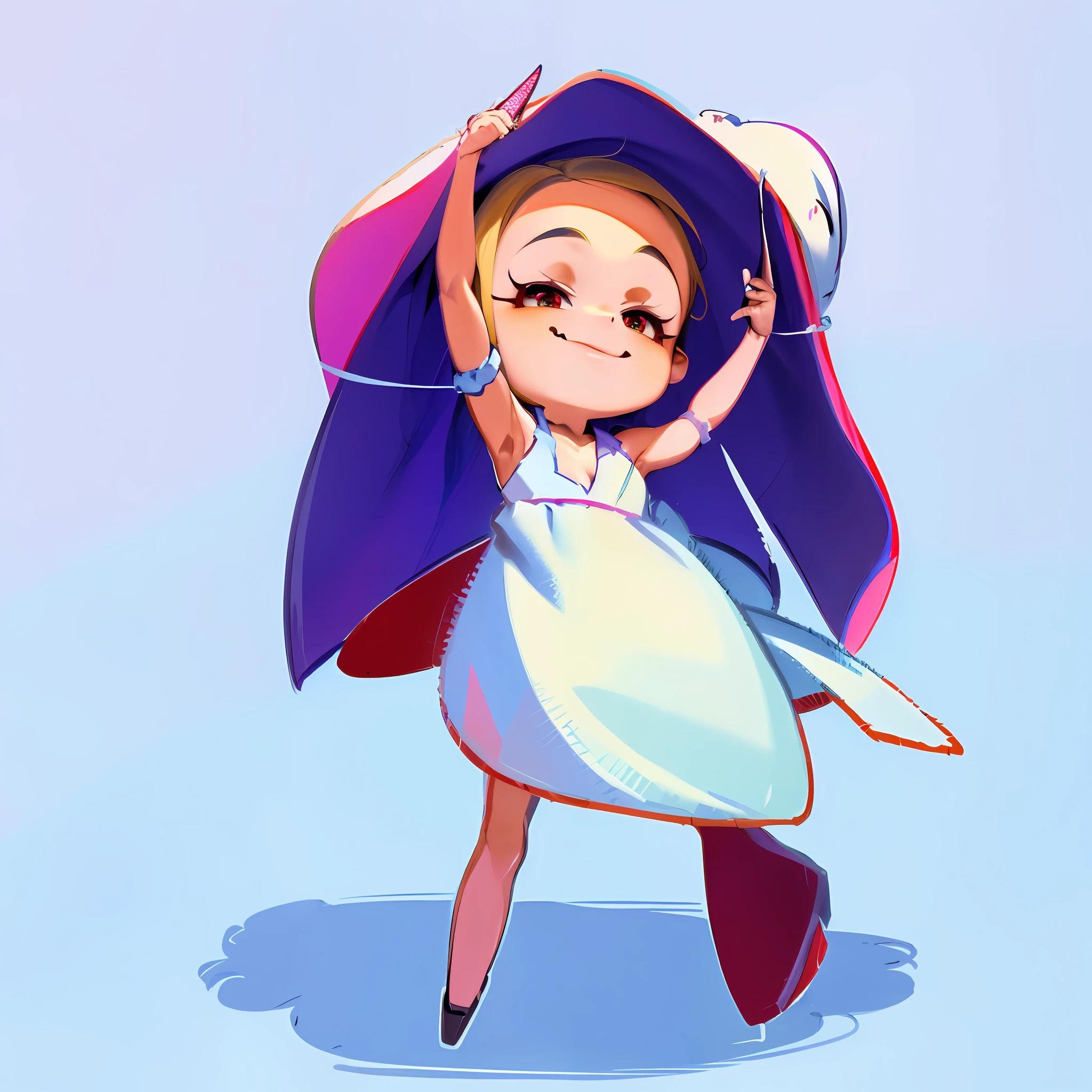 cartoon girl in a white dress and blue hat holding a purple umbrella, from touhou, touhou character, with cape, resin, Chibi T-Shi, spider-gwen, she is dancing, Lust, madeline from celeste, chibi girl, little witch academia, touhou project, dancing character, cute artwork, [ conceptual art ]!!, posing in(Arms up + happy)