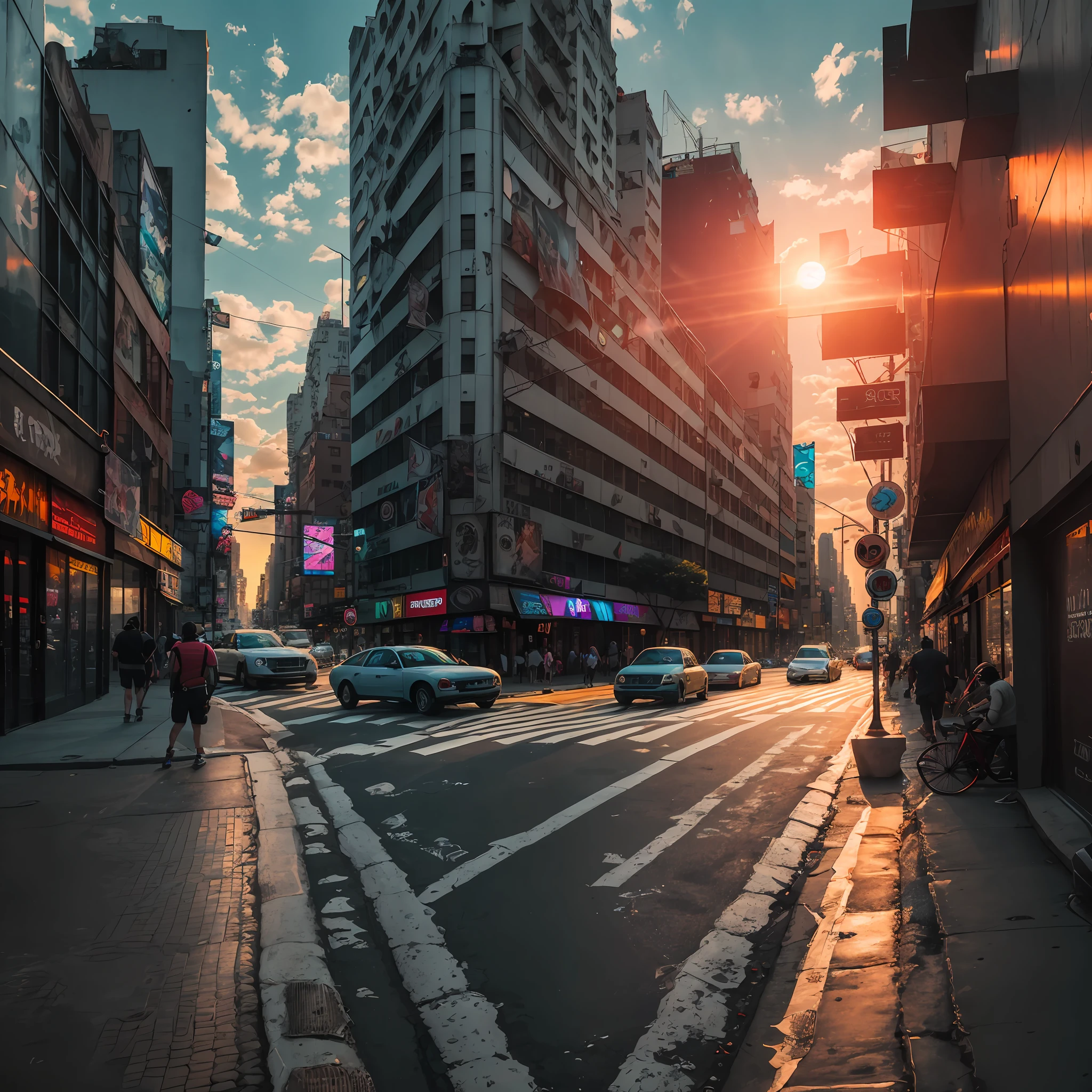 (melhor qualidade) (ultra realista) (8k) foto realista, tirada no centro de nova York, com estilo cyberpunk, por do sol, carros, pessoas, lojas, sidewalk and street, semaphore. --auto