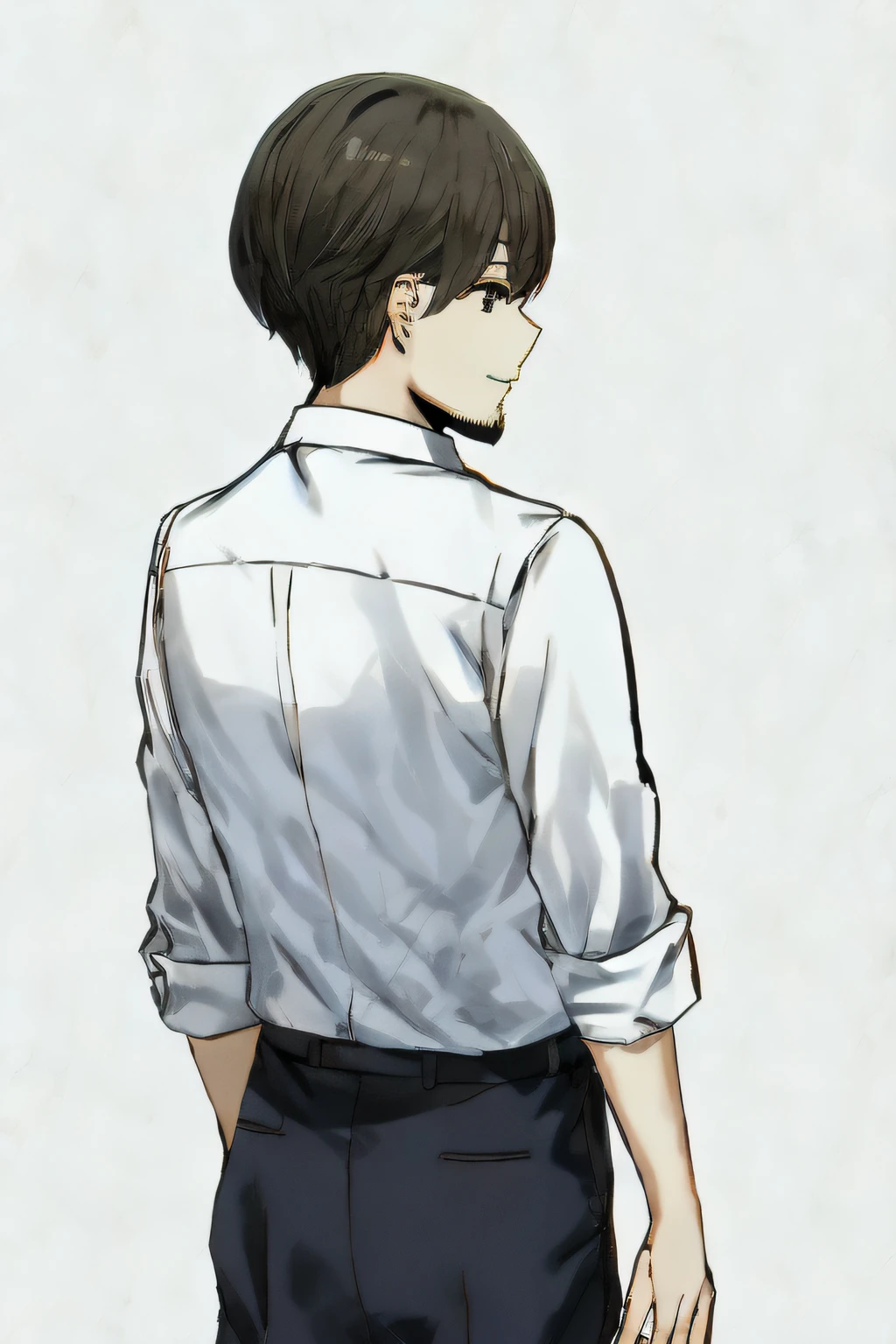 bangs、By Sky Freedom、1 boy、独奏、White collar shirt、Sorrisos、Bold contours、simple back ground、Anatomy、Upper Bust、beard、Uncle